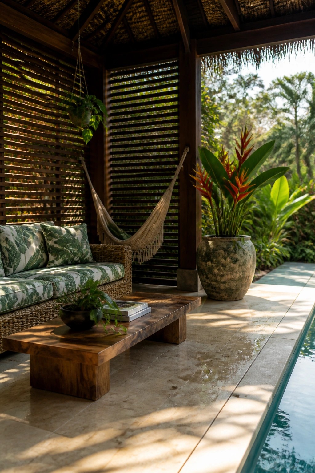 Sunlit tropical patio with rattan sofa, hammock, wooden table, and poolside plants
