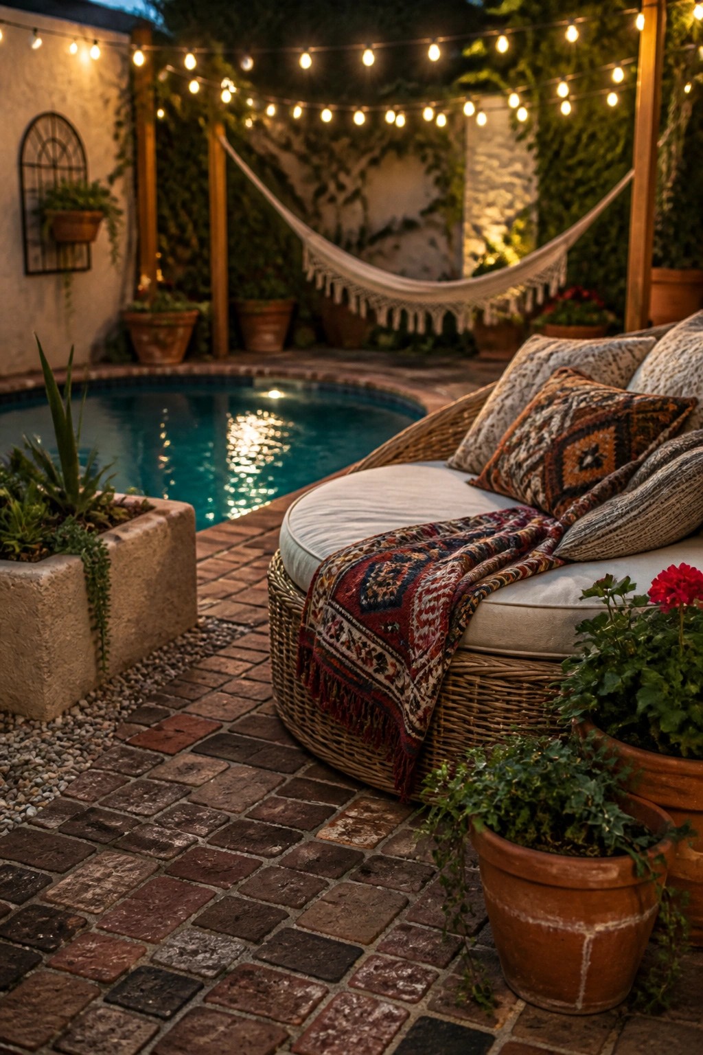 20 Fresh Small Pool Landscaping Ideas for a Lush Designer Look A round wicker daybed with white cushions and a patterned blanket sits on a brick patio beside a small pool, with potted plants and string lights overhead.
