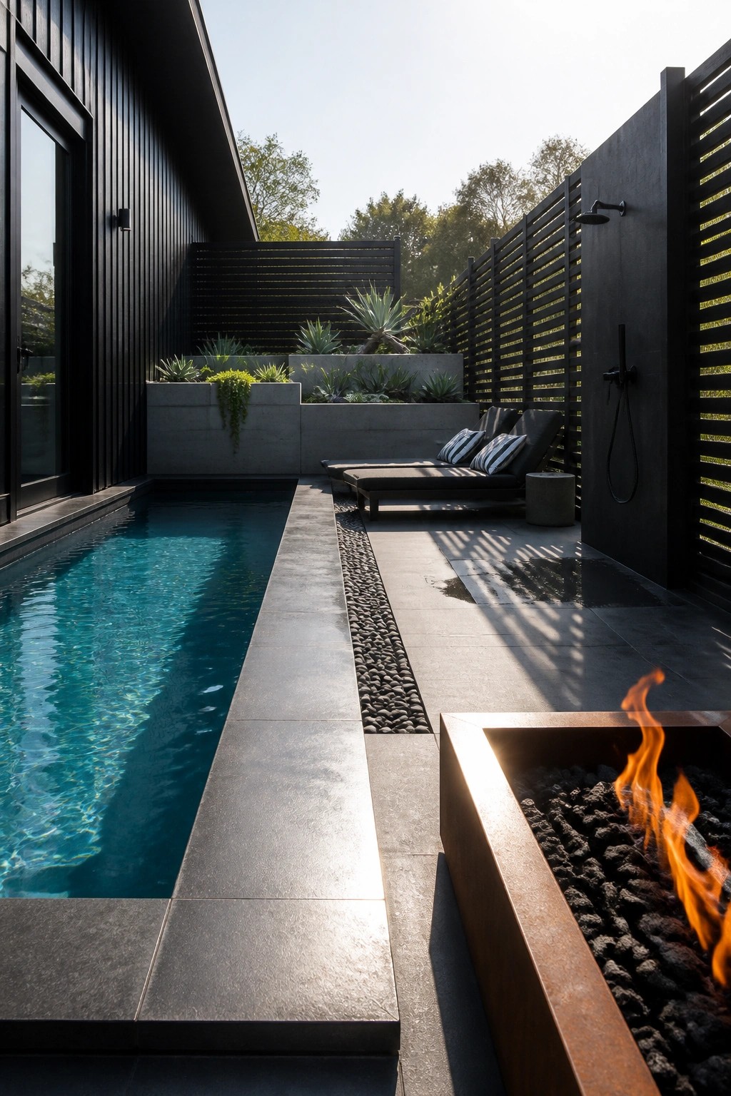 20 Fresh Small Pool Landscaping Ideas for a Lush Designer Look Contemporary patio with turquoise pool, fire pit, lounge chairs, and plants.