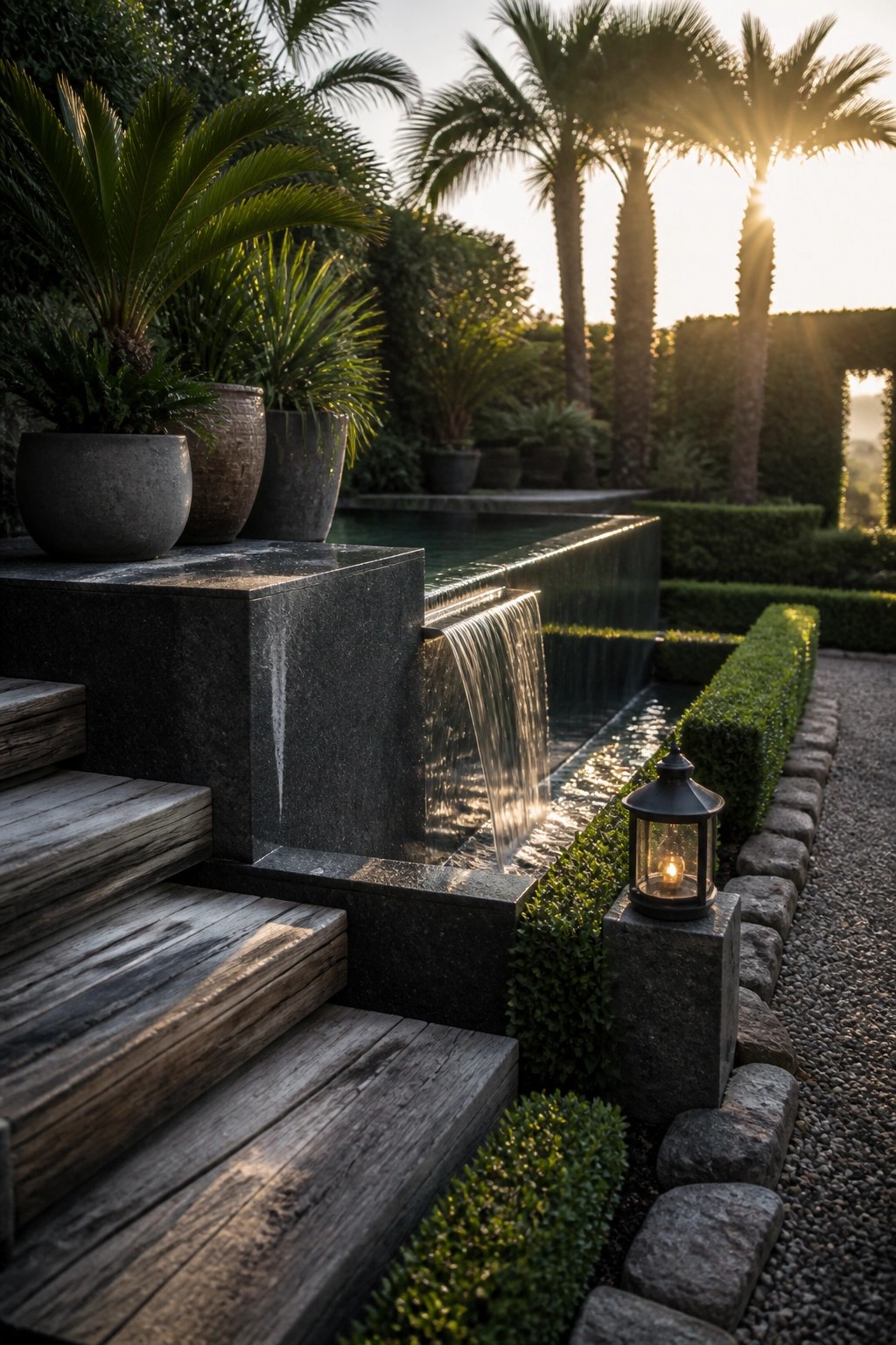 20 Fresh Small Pool Landscaping Ideas for a Lush Designer Look A small rectangular pool with a dark stone coping and cascading waterfall, bordered by potted plants, wooden steps, a lit lantern, and a gravel path lined with hedges.