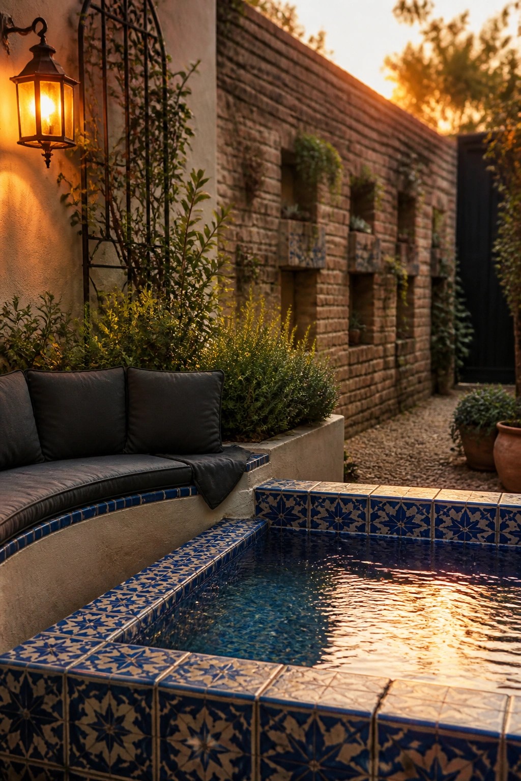 20 Fresh Small Pool Landscaping Ideas for a Lush Designer Look A small pool with blue and white patterned tile borders sits beside a curved built-in bench with dark cushions, next to a brick wall with recessed planters and a lit lantern at dusk.