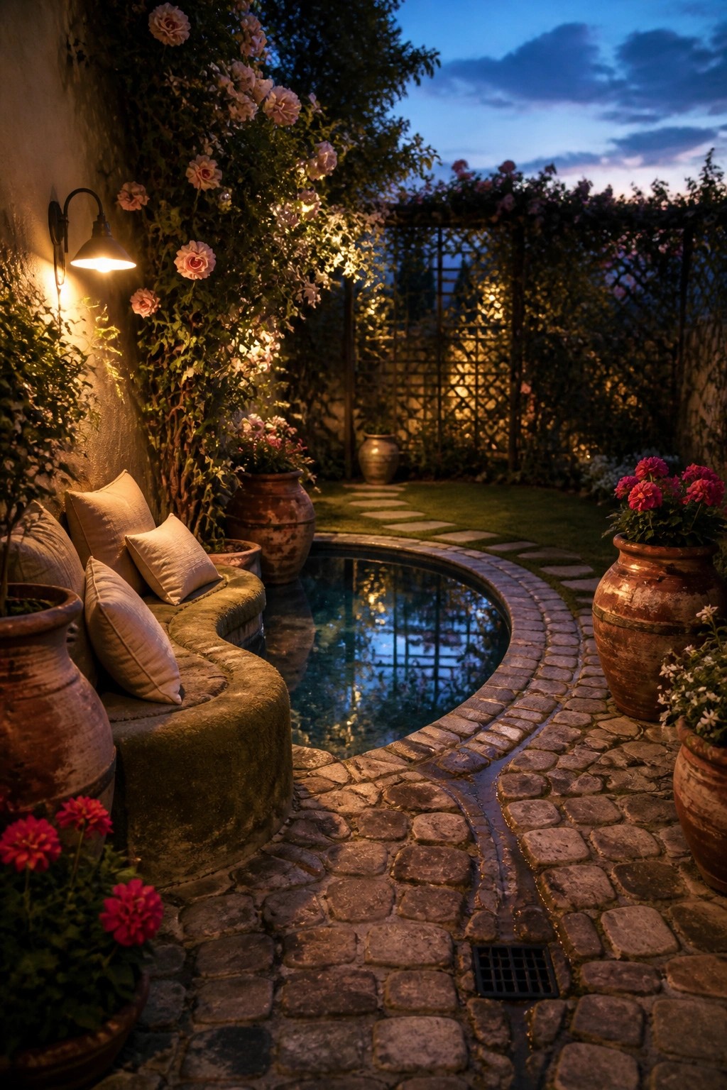 20 Fresh Small Pool Landscaping Ideas for a Lush Designer Look A small circular pool edged in stone with climbing pink roses on an adjacent wall, terracotta pots, and a curved seating area on a cobblestone path.