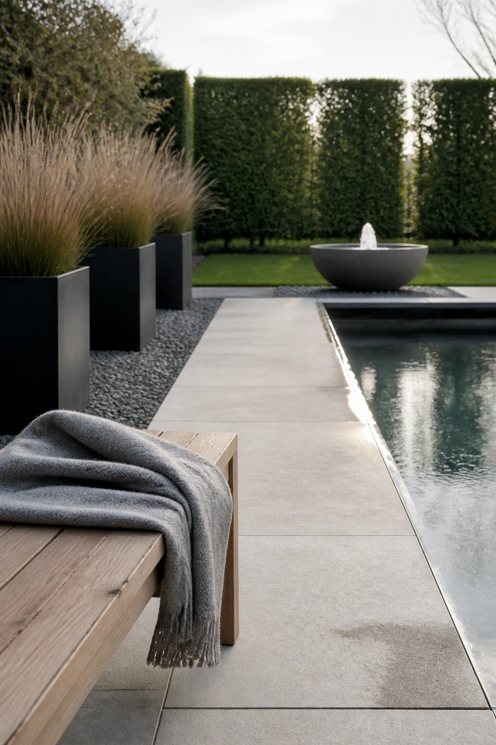 20 Fresh Small Pool Landscaping Ideas for a Lush Designer Look A modern poolside path with a wooden bench, gray blanket, black rectangular planters holding tall grasses, and a round stone fountain in the background.
