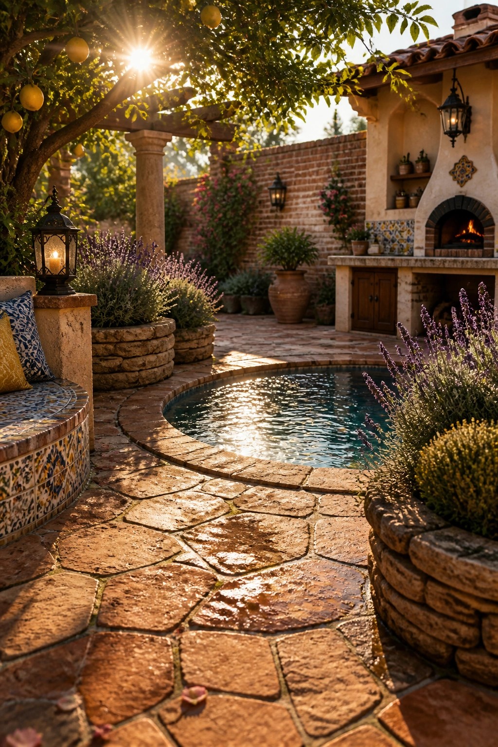 20 Fresh Small Pool Landscaping Ideas for a Lush Designer Look A small round pool with curved stone paving, lavender plants along the edges, and an outdoor fireplace area in the background.