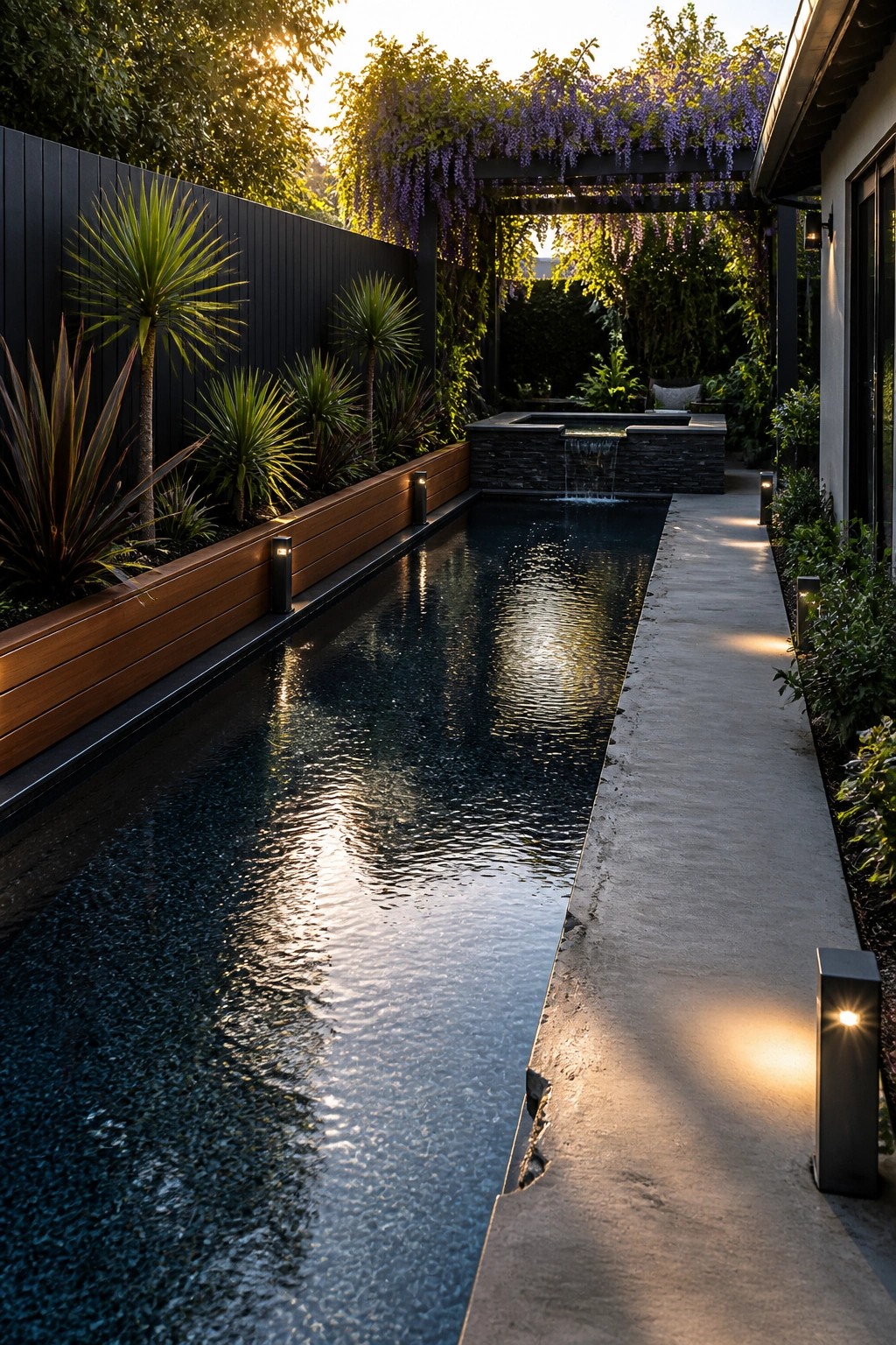 20 Fresh Small Pool Landscaping Ideas for a Lush Designer Look Narrow lap pool beside lit concrete path under purple wisteria pergola at sunset