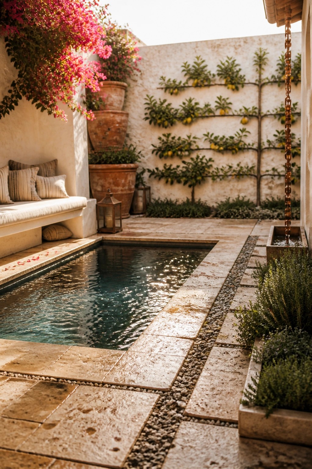 20 Fresh Small Pool Landscaping Ideas for a Lush Designer Look A small rectangular pool with stone paving and gravel borders, backed by espaliered lemon trees on a stucco wall and pink flowering vines in terracotta pots.