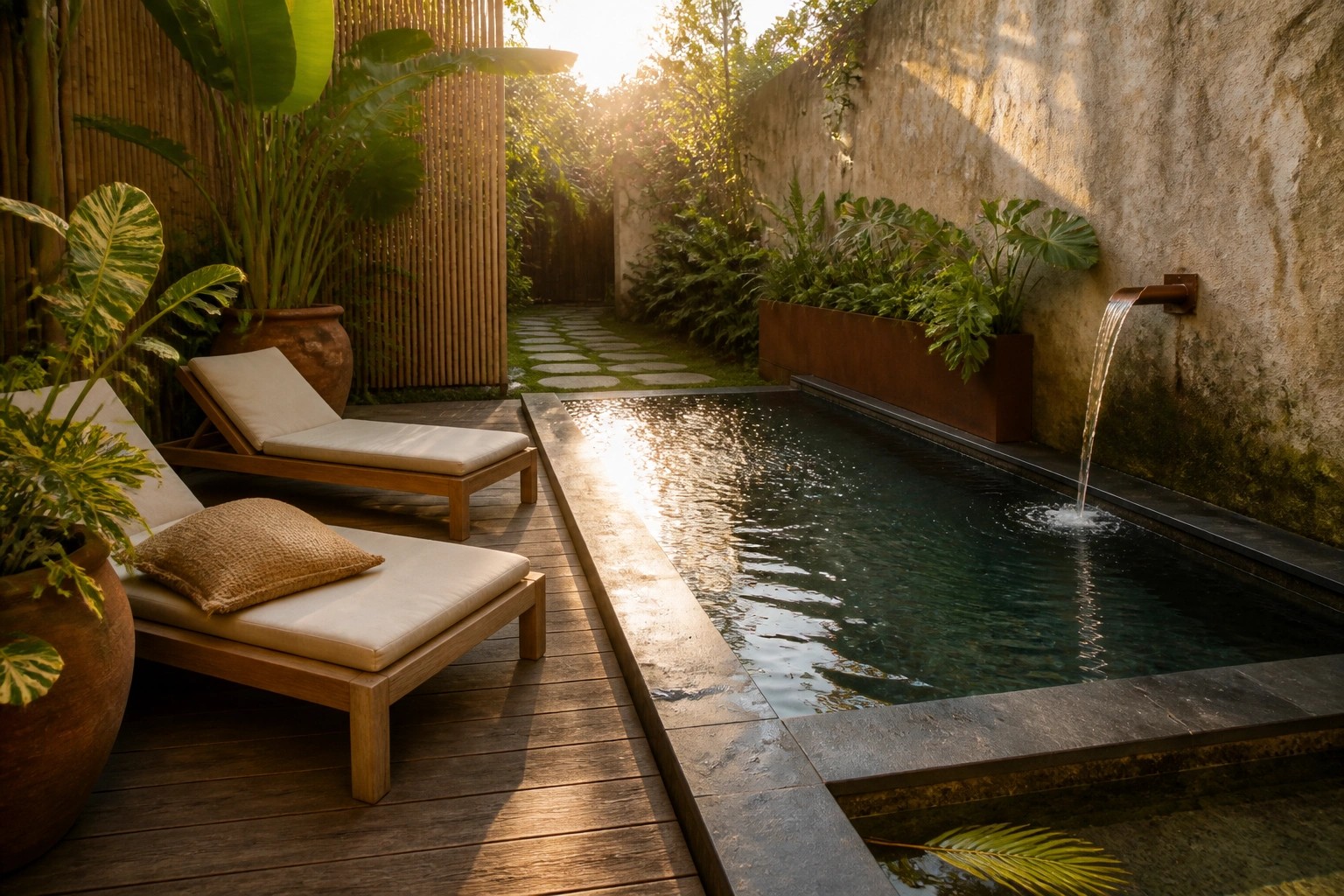 A narrow rectangular pool with turquoise water, a rusted metal water feature wall, wooden decking, a lounge chair, potted plants, and a stone pathway in a garden.