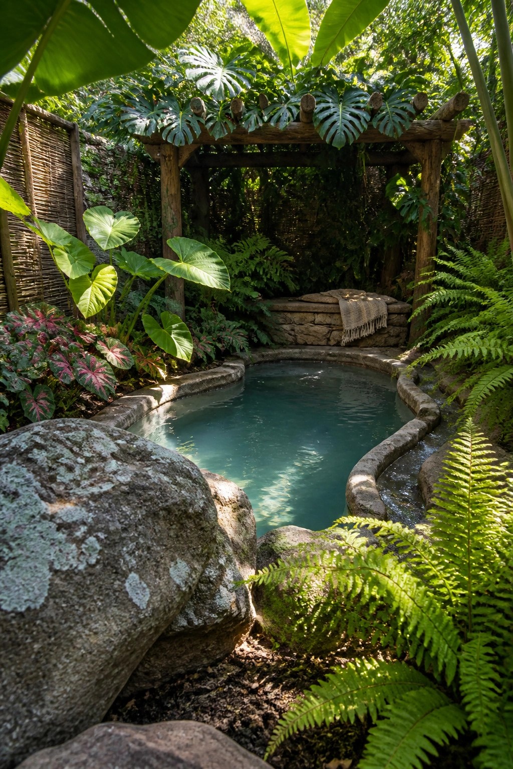 20 Fresh Small Pool Landscaping Ideas for a Lush Designer Look A small pool with curved stone edging, surrounded by large boulders, ferns, and tropical plants beneath a wooden pergola.