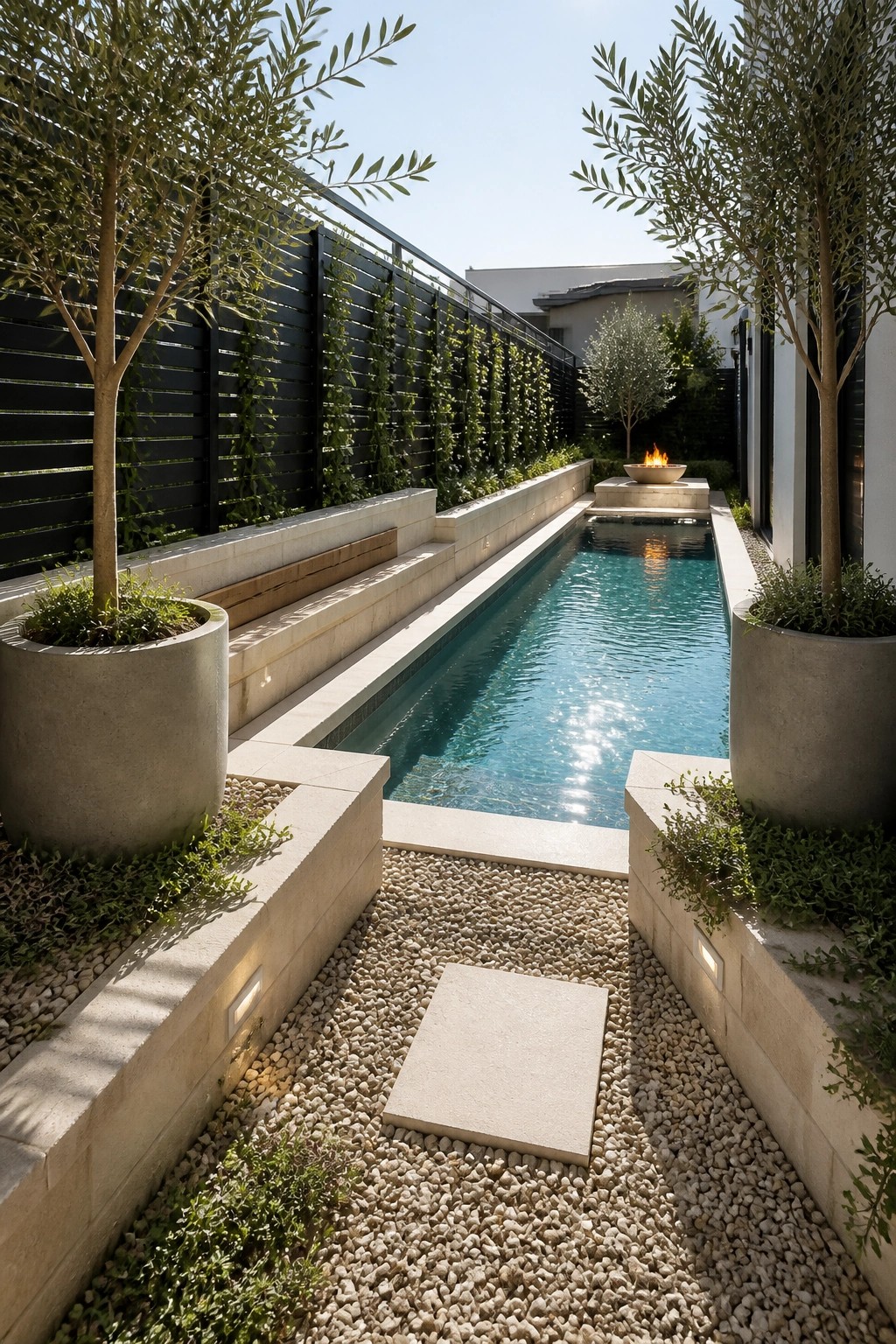 20 Fresh Small Pool Landscaping Ideas for a Lush Designer Look Modern narrow pool with turquoise water, flanked by concrete planters and olive trees