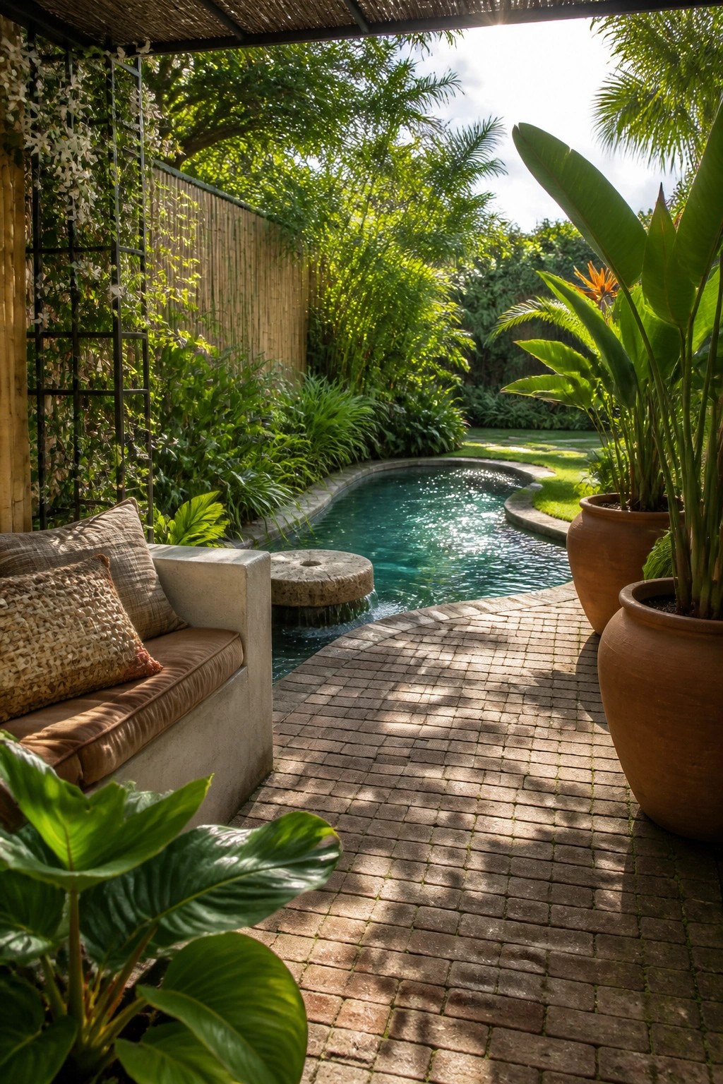 20 Fresh Small Pool Landscaping Ideas for a Lush Designer Look A small curved pool edged with lush plants, large terracotta pots, brick paving, and a concrete bench in a shaded garden setting.