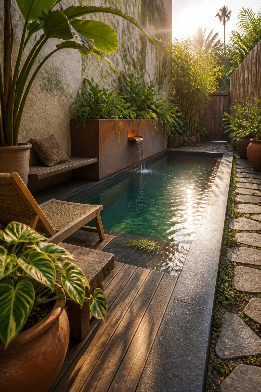 20 Fresh Small Pool Landscaping Ideas for a Lush Designer Look A narrow rectangular pool with turquoise water, a rusted metal water feature wall, wooden decking, a lounge chair, potted plants, and a stone pathway in a garden.