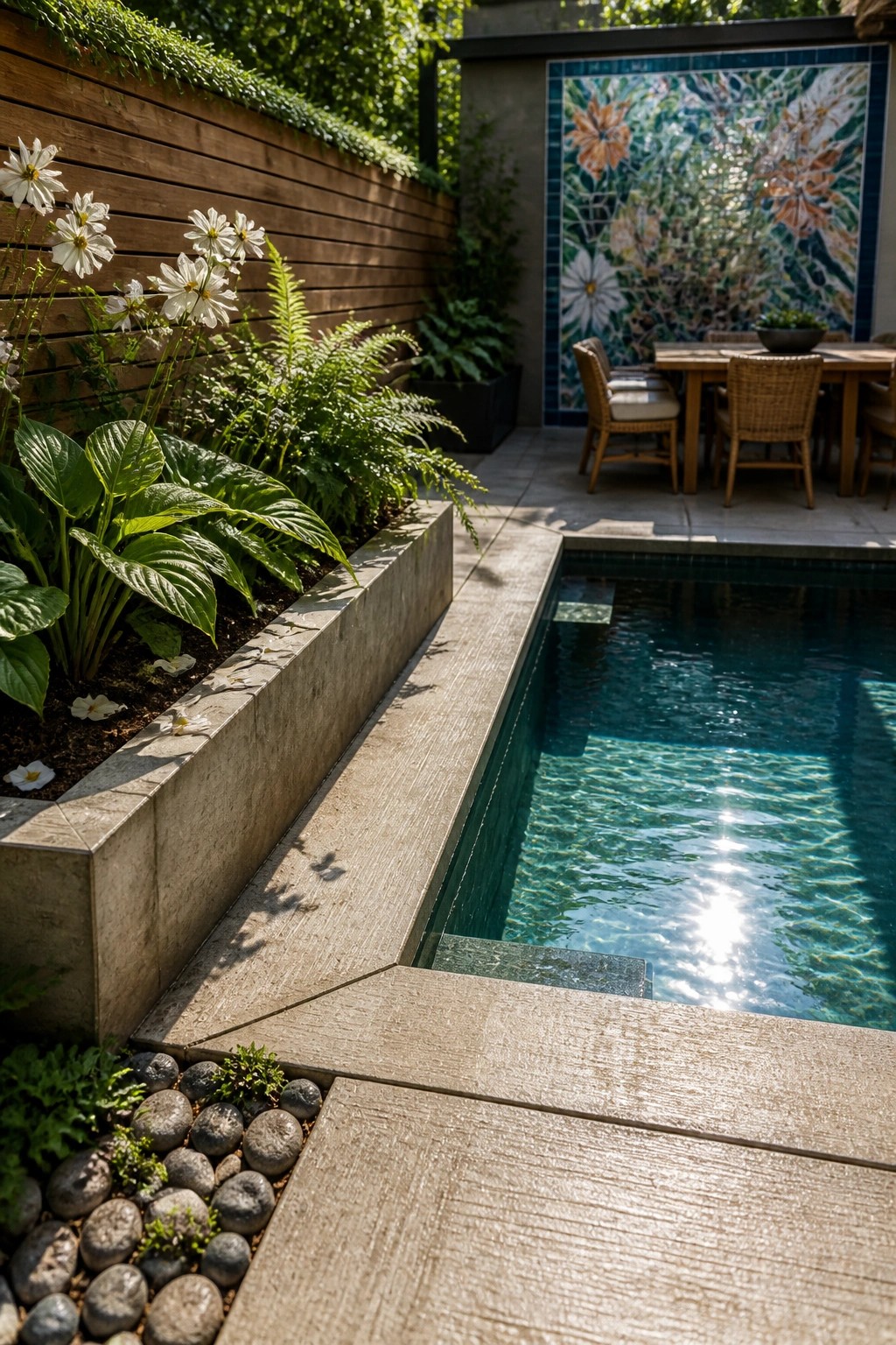 20 Fresh Small Pool Landscaping Ideas for a Lush Designer Look A narrow pool with turquoise water beside a long raised concrete planter filled with ferns and white flowers, next to a stone patio.