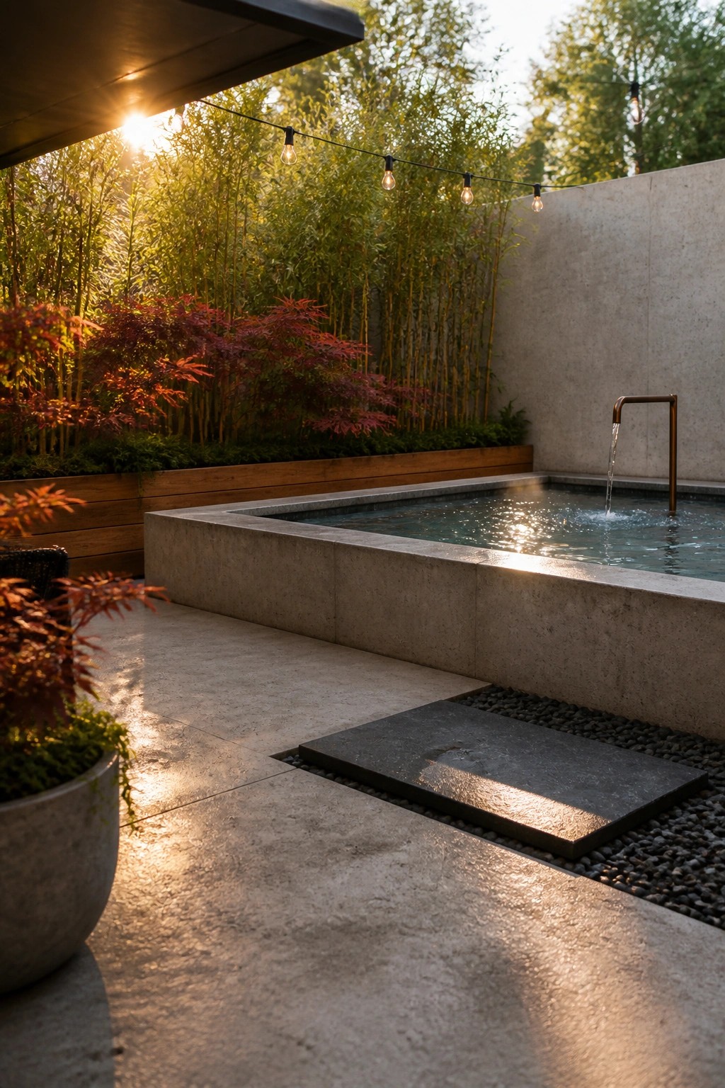 20 Fresh Small Pool Landscaping Ideas for a Lush Designer Look A rectangular concrete pool with a metal water spout sits beside a dense stand of tall bamboo and red-leafed shrubs, with string lights overhead and a pebble-covered step area.