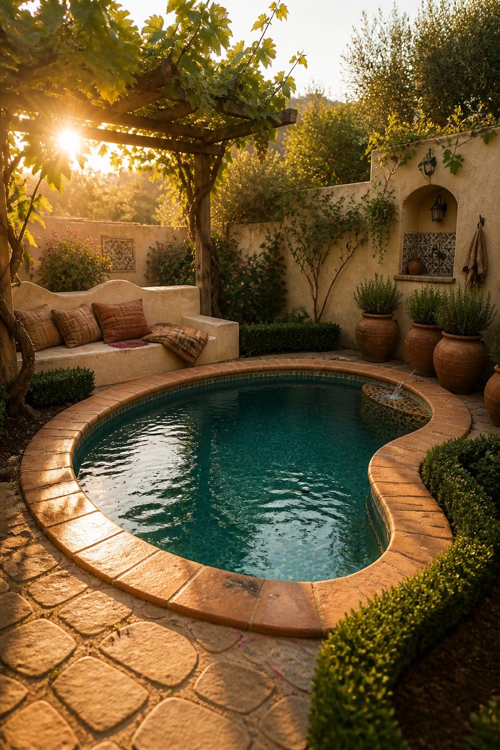20 Fresh Small Pool Landscaping Ideas for a Lush Designer Look A small curved pool with terracotta coping sits in a stone-paved courtyard bordered by potted plants, a built-in bench, and a wooden pergola.