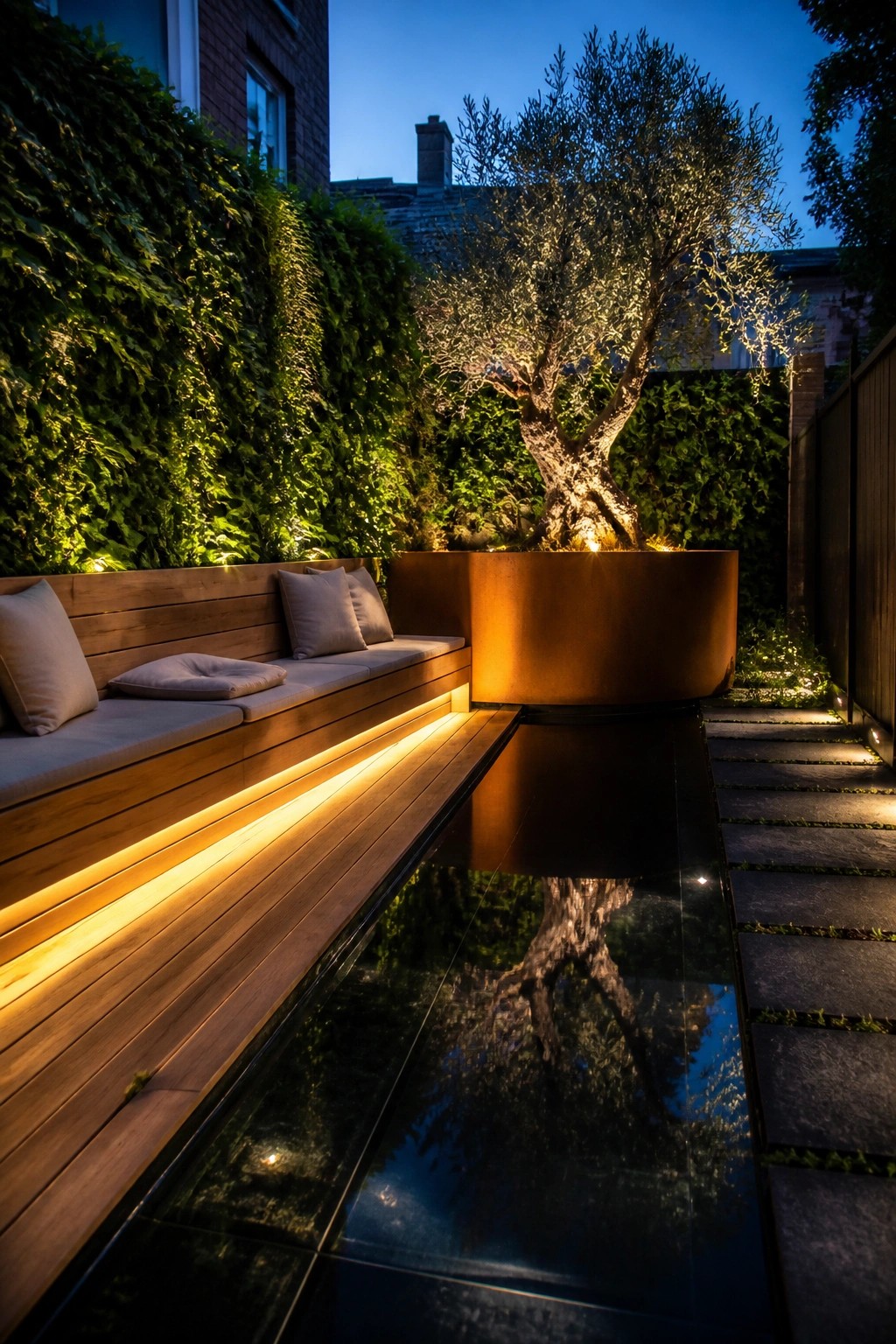 20 Fresh Small Pool Landscaping Ideas for a Lush Designer Look A small rectangular pool with dark tiles reflects an illuminated olive tree in a large round metal planter, beside a wooden bench with cushions and a path of stone pavers.