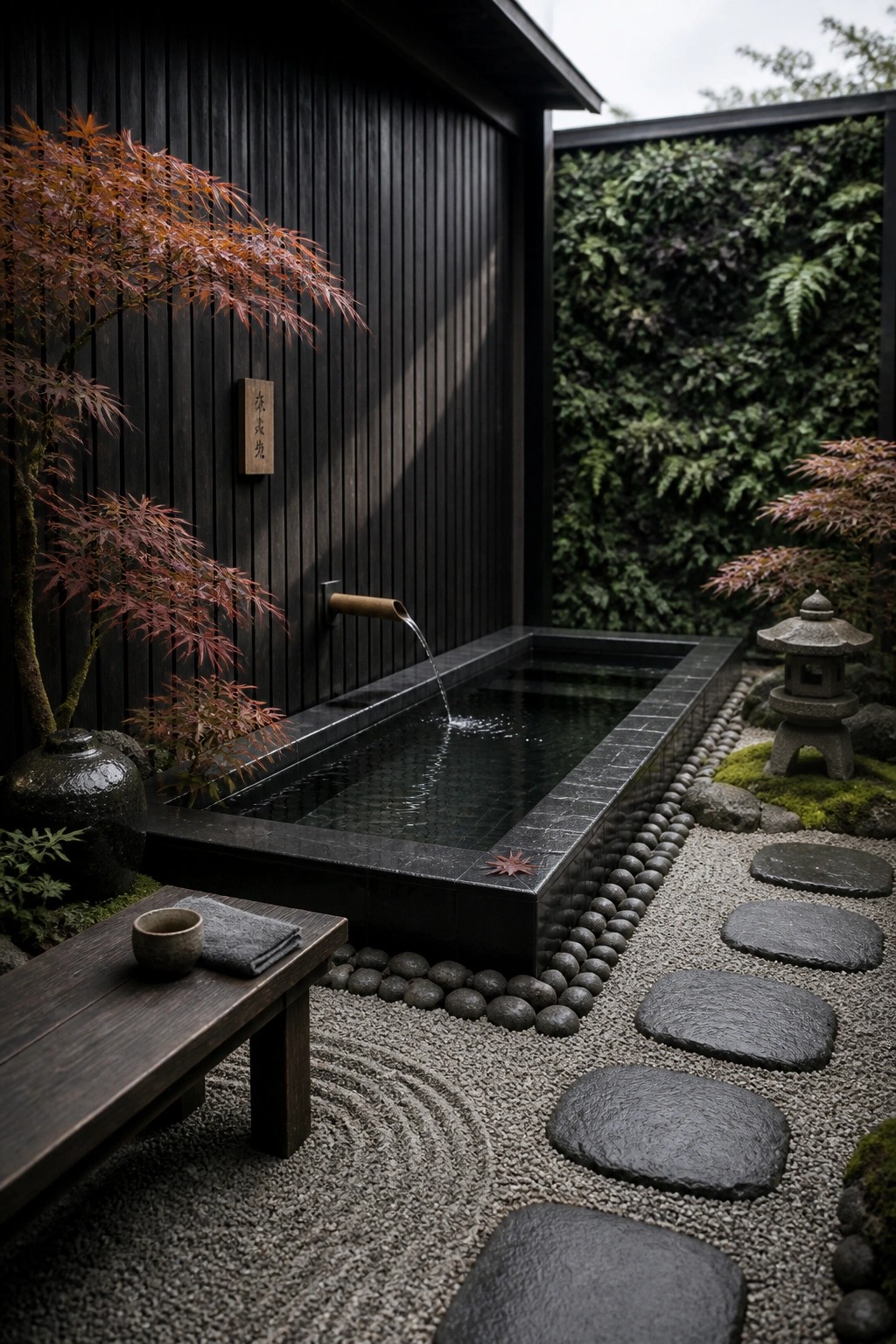 20 Fresh Small Pool Landscaping Ideas for a Lush Designer Look A small rectangular pool with dark tile edging sits in a gravel garden beside a dark wood building, fed by a bamboo spout and lined with large stepping stones.