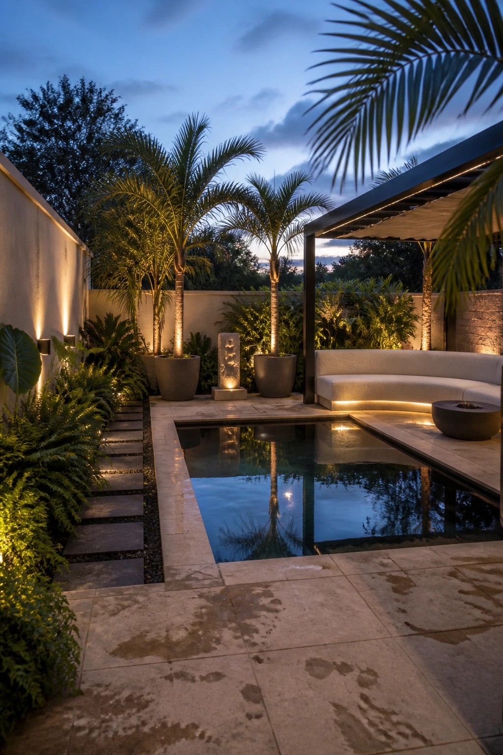 20 Fresh Small Pool Landscaping Ideas for a Lush Designer Look A small rectangular pool at dusk surrounded by large potted palm trees, ferns along a stone path, and a curved outdoor sofa under a pergola with integrated lighting.