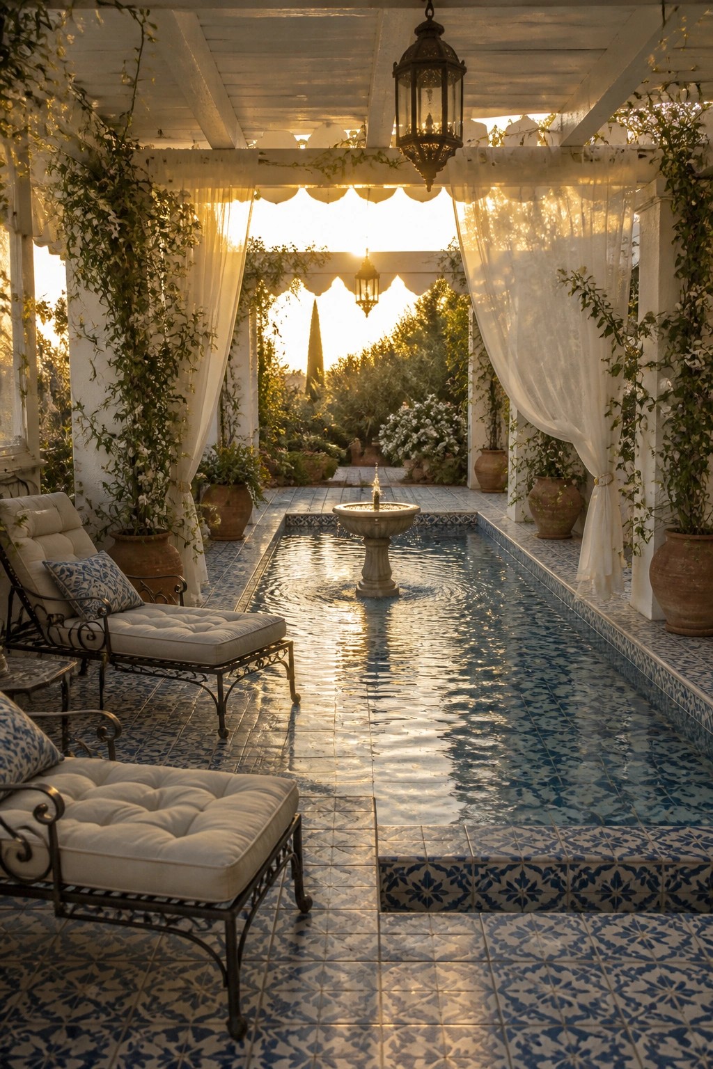A long pool with a central fountain sits under a white pergola draped with sheer white curtains, surrounded by potted plants and cushioned lounge chairs on blue and white tile.