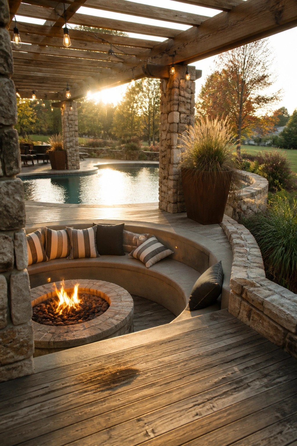 A wooden pergola shades a curved built-in bench surrounding a stone fire pit on a poolside deck.