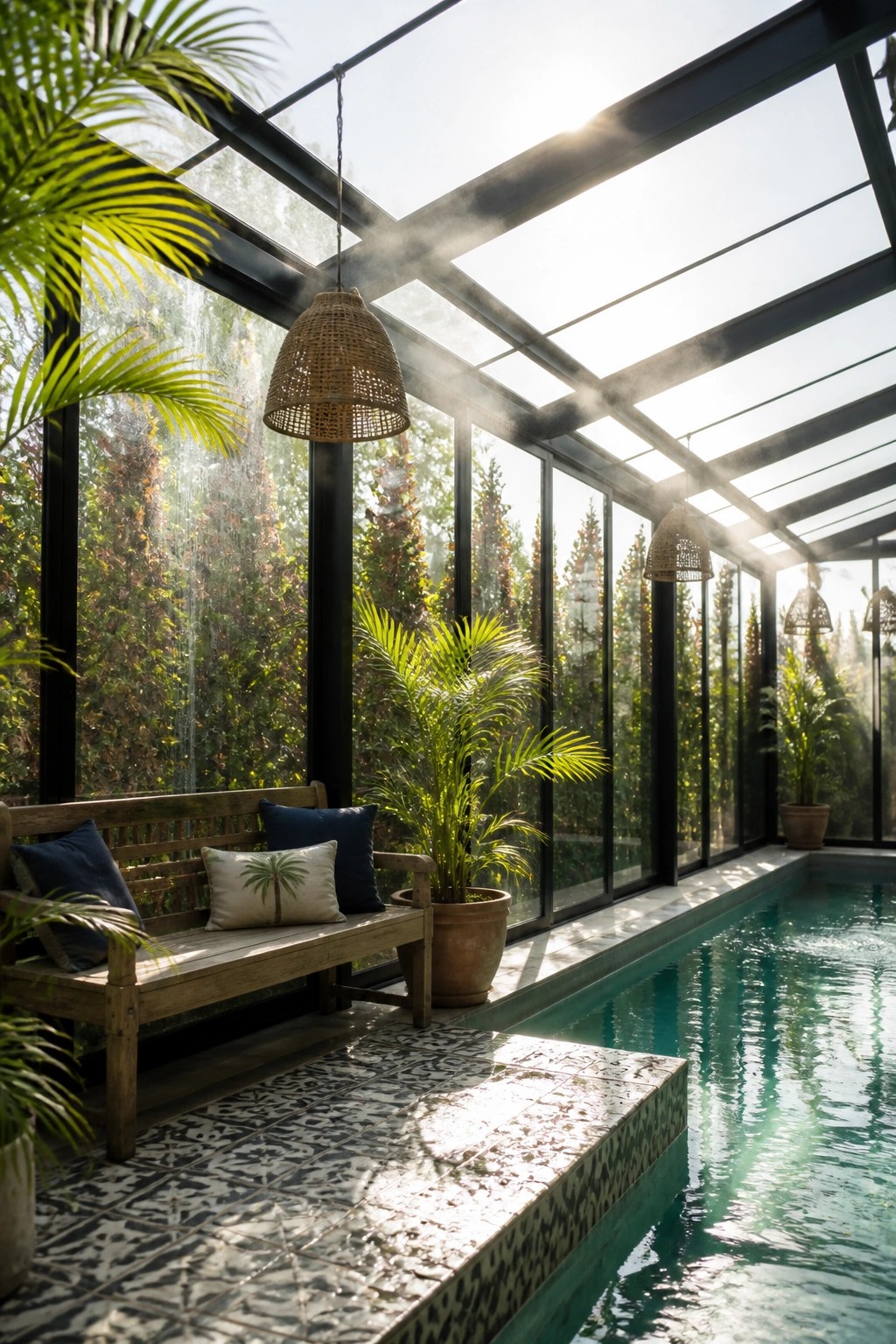 An enclosed pool area with black metal-framed glass walls and ceiling, a wooden bench with cushions, potted palms, and woven hanging lights.