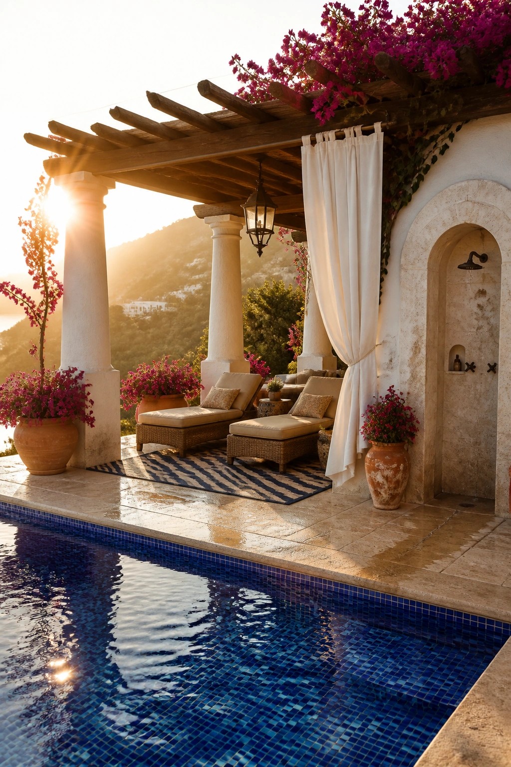 Luxurious poolside patio with lounge chairs under wooden pergola at sunset