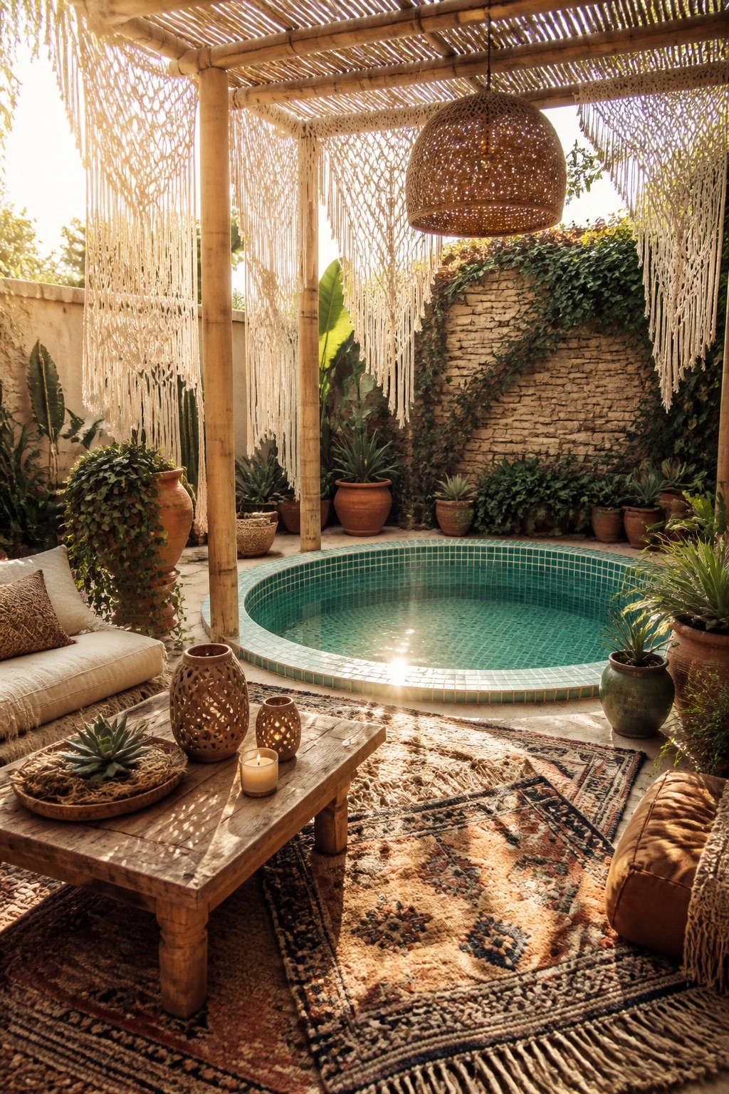 A round pool under a bamboo pergola with hanging macrame panels, a woven light fixture, layered rugs, and potted plants in an outdoor courtyard setting.