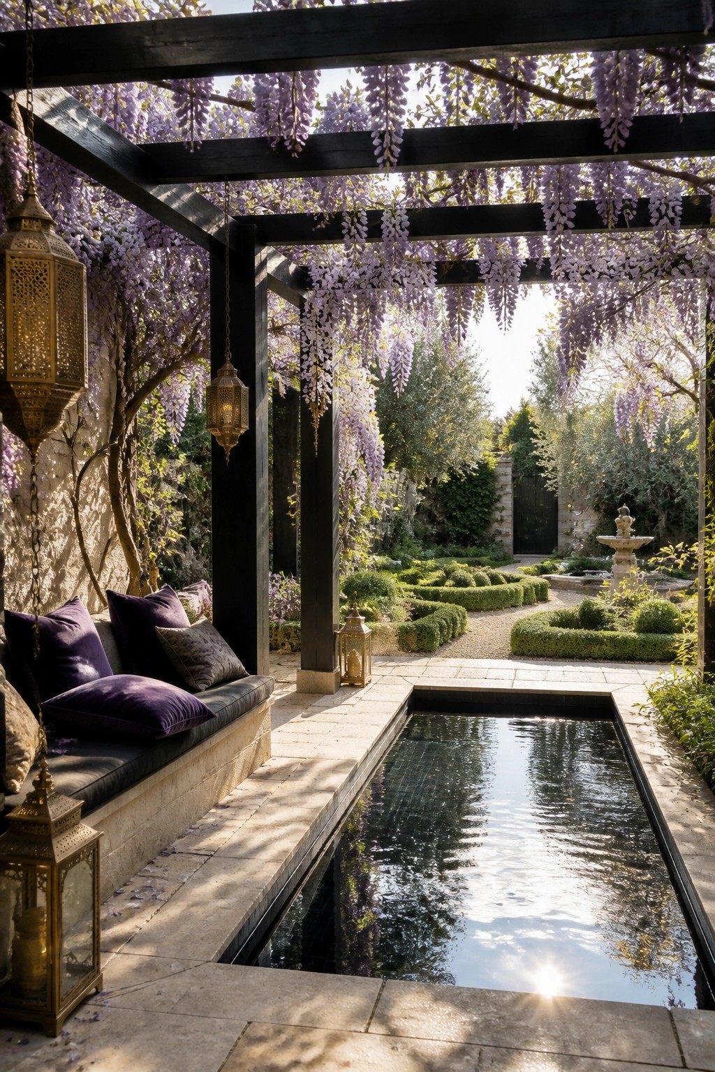 A rectangular pool under a dark pergola covered in purple wisteria vines, with a stone bench holding purple cushions and lanterns along the left side.