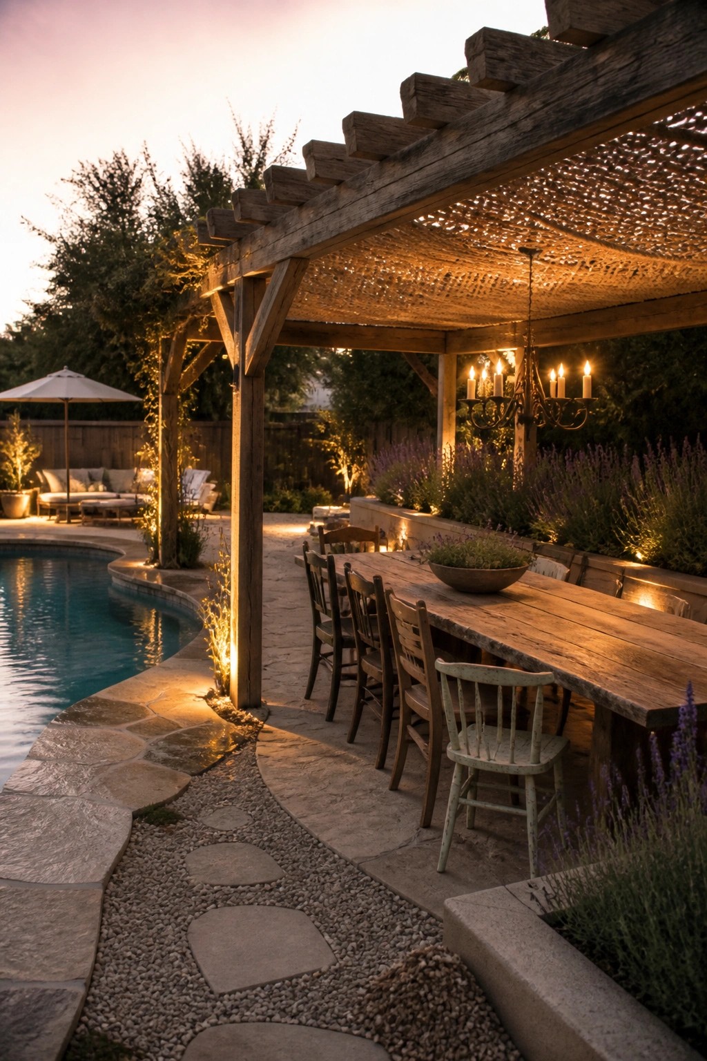Wooden pergola with candlelit chandelier over dining table beside swimming pool at dusk