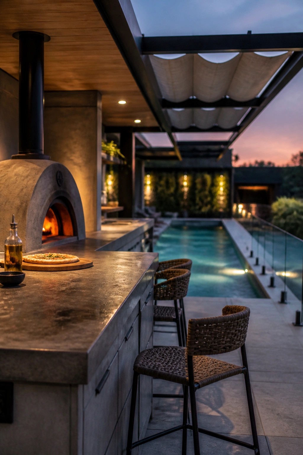 An outdoor kitchen with a stone pizza oven, concrete counter, and woven bar stools sits next to a long swimming pool beneath a modern pergola with a retractable fabric shade at dusk.