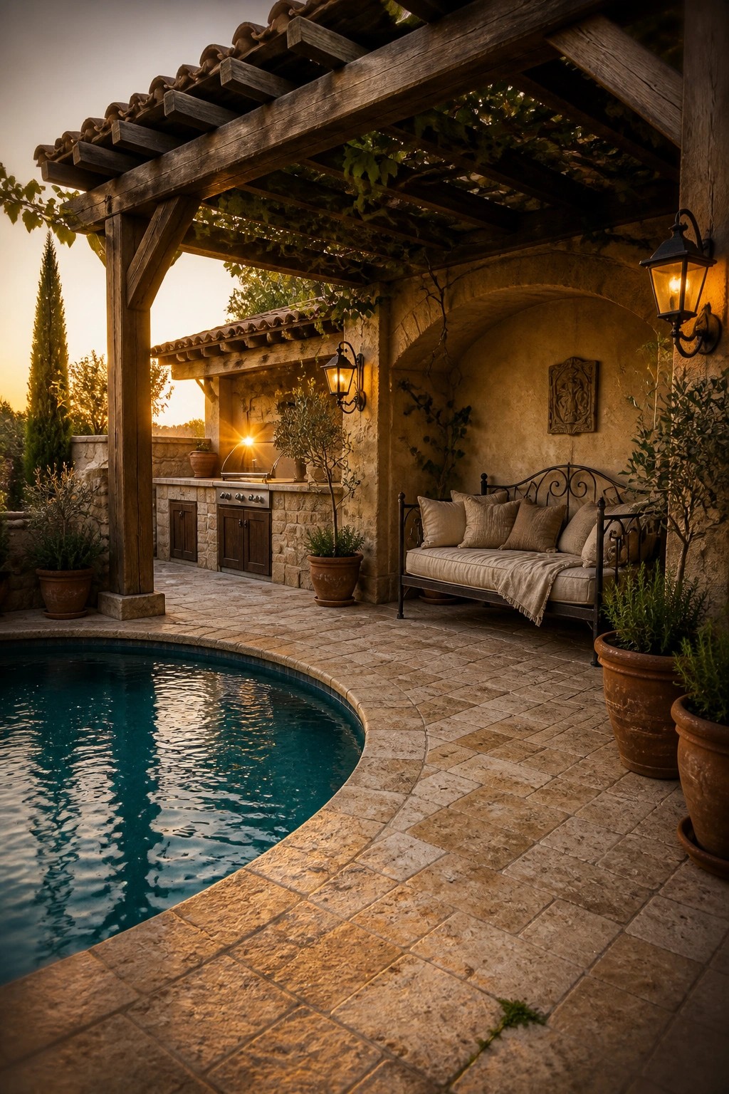Elegant stone patio with pool, wooden pergola, kitchen, and cushioned bench at sunset
