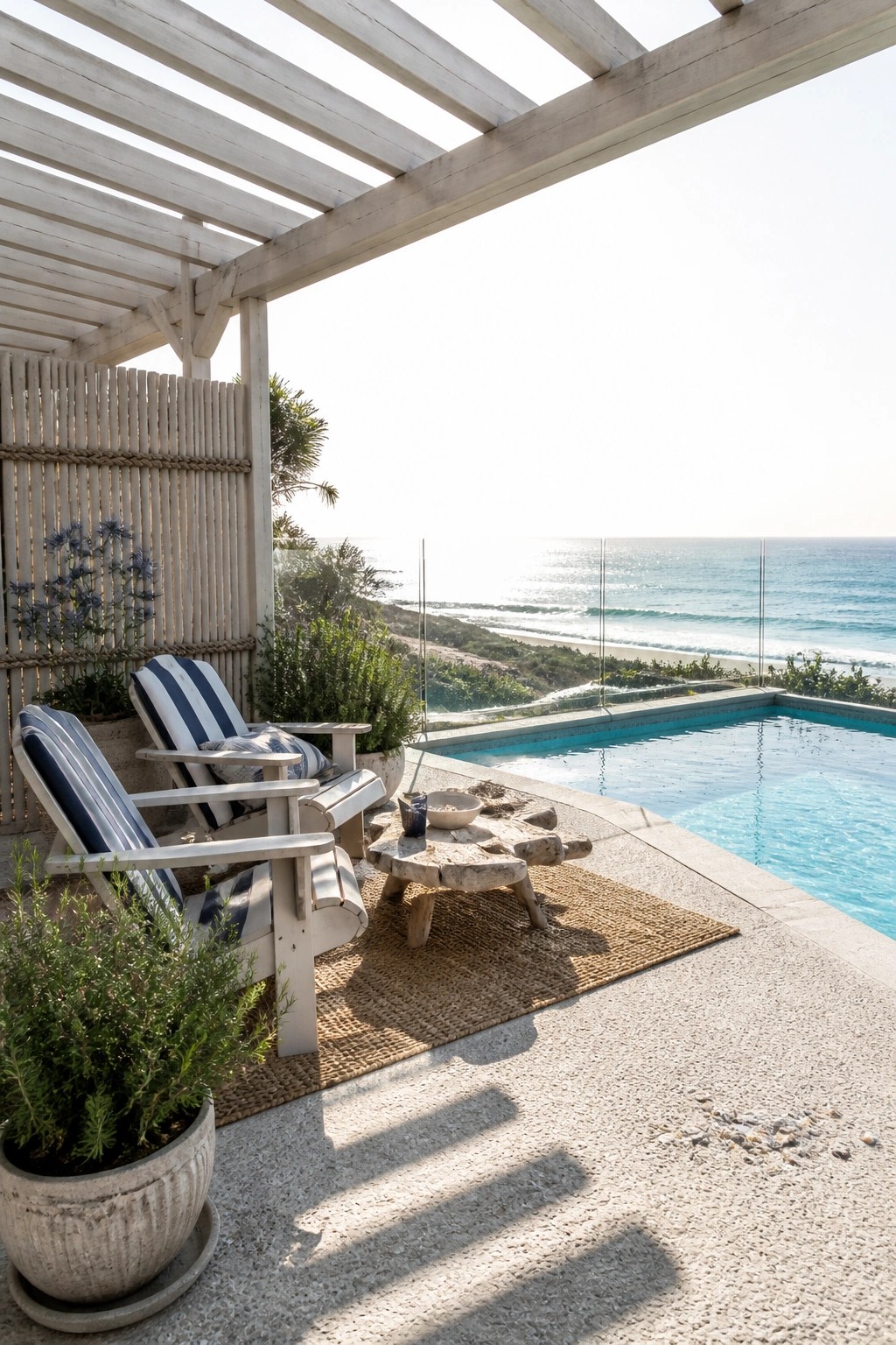 A white wooden pergola shades two striped lounge chairs and a low table on a concrete pool deck overlooking the ocean.