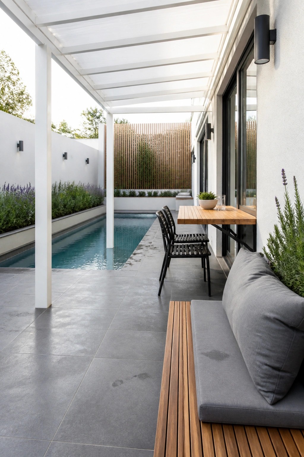 A covered outdoor poolside area with a white pergola, gray tiles, a wooden dining table with black chairs, and a built-in bench with gray cushions along one side.