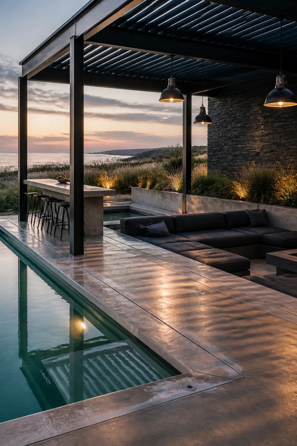 Modern patio with lap pool, sectional sofa, bar, pendant lights, ocean sunset view