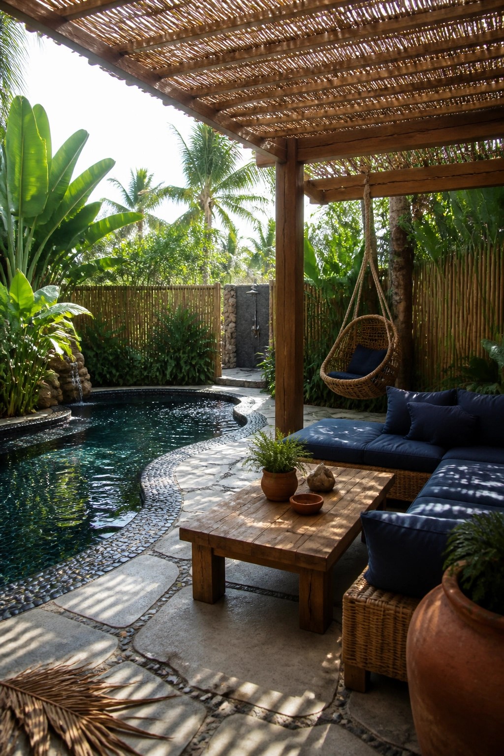 Tropical patio with pool, wooden pergola, hanging wicker chair, and blue-cushioned sofa