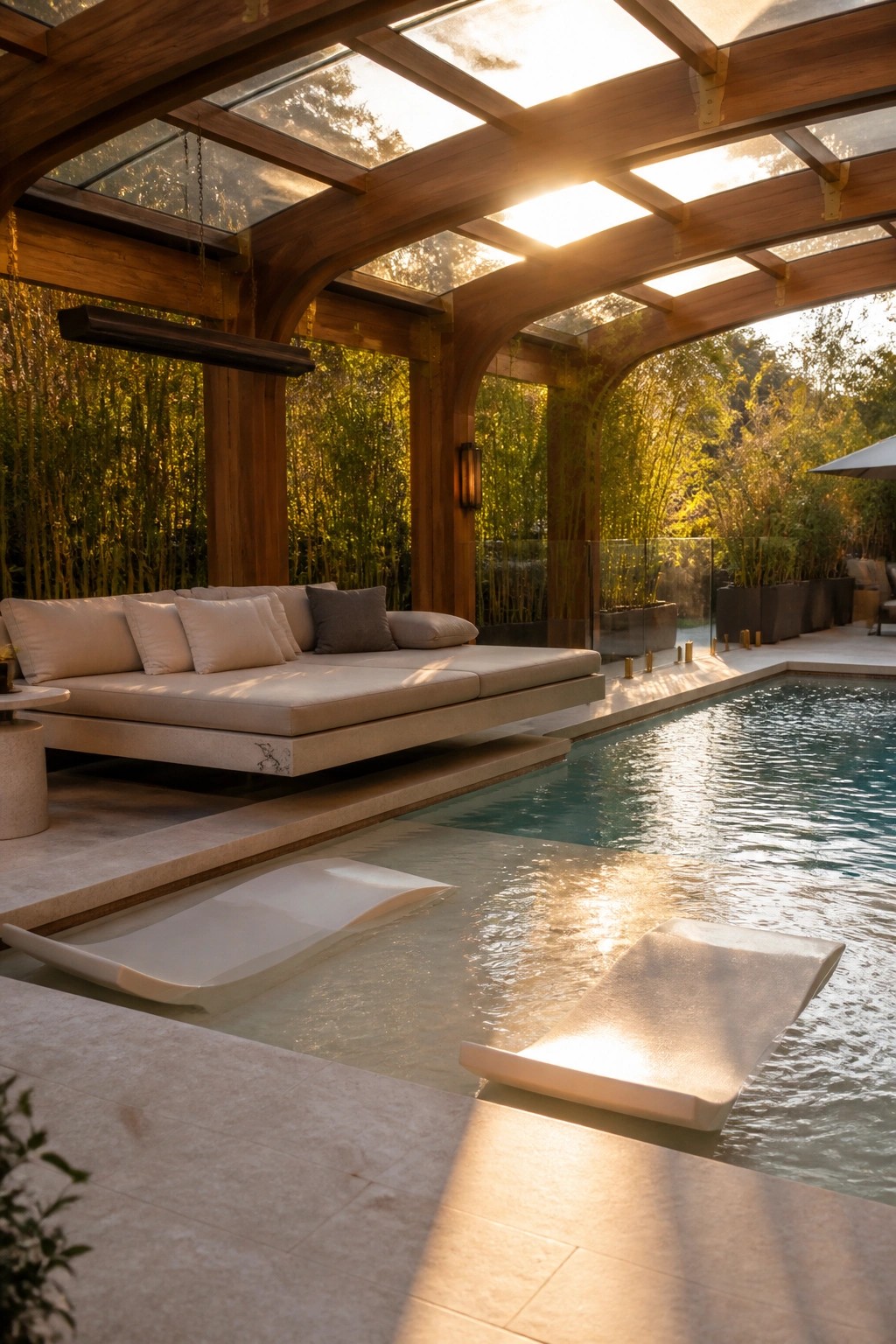 A wooden pergola with glass roof panels covers a large daybed beside a swimming pool, with two floating loungers partially submerged in the water.