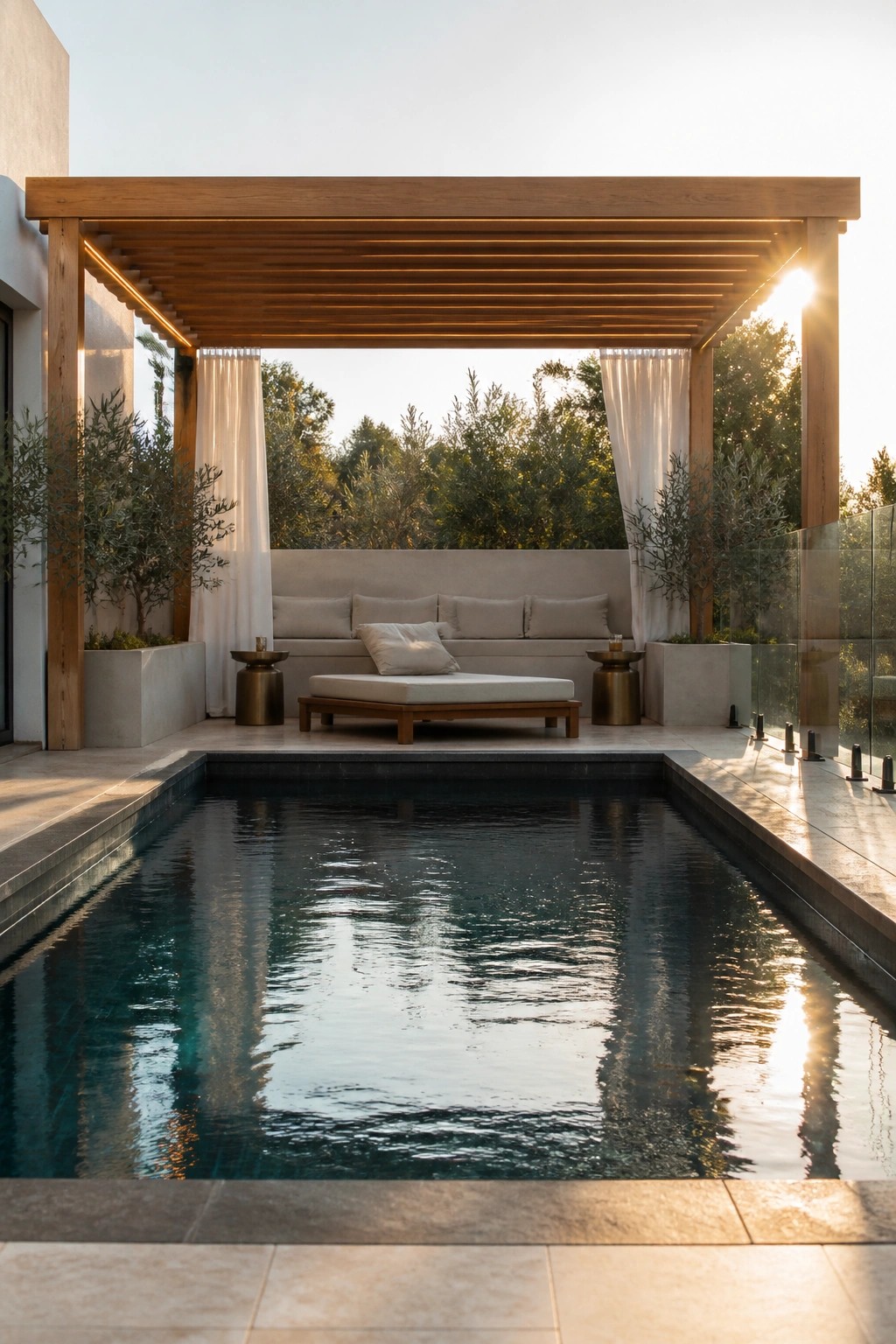 A wooden pergola with a slatted roof shelters a long cushioned bench beside a rectangular pool, flanked by potted olive trees and white curtains.