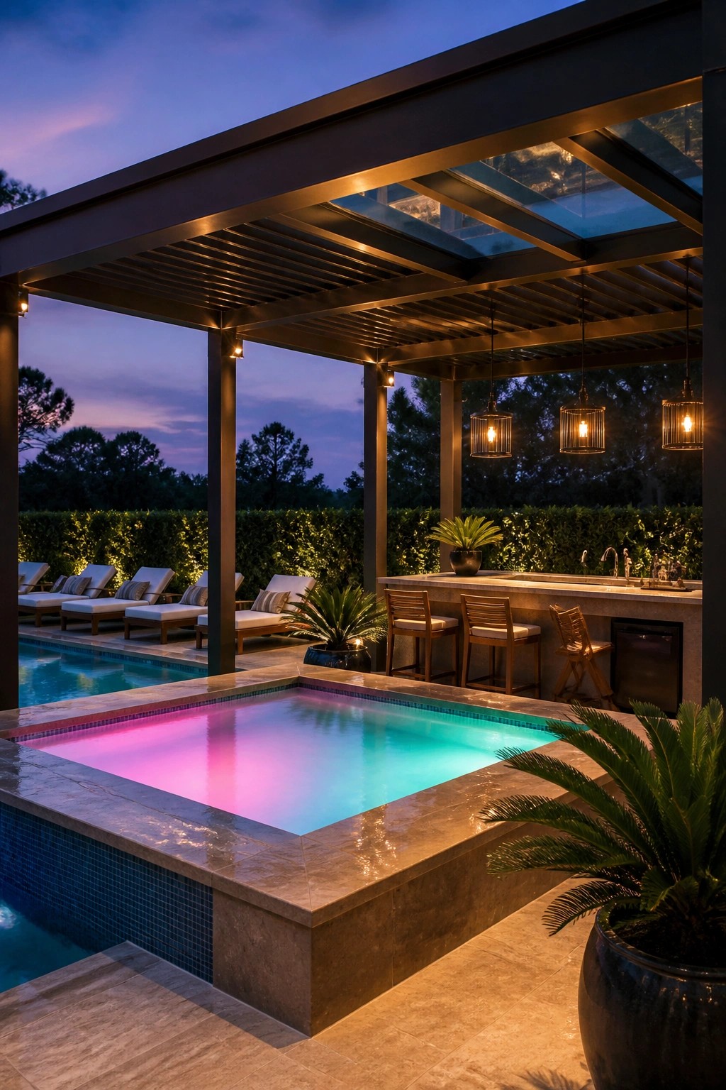 A covered pergola area with an outdoor bar, stools, and a glowing rectangular pool at dusk.