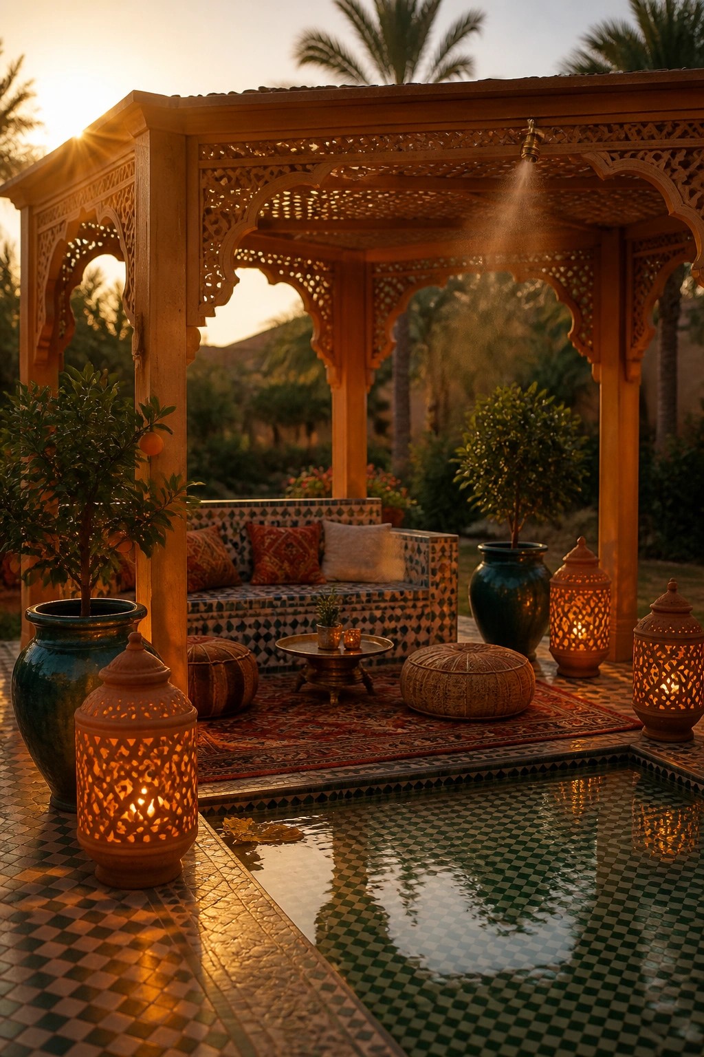 Ornate Moroccan pavilion with carved wood, glowing lanterns, and mosaic pool at sunset