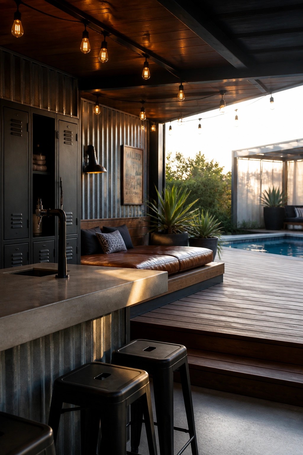 An outdoor bar with a gray concrete countertop, black metal stools, and a built-in brown bench on a wooden deck beside a swimming pool, with string lights overhead.