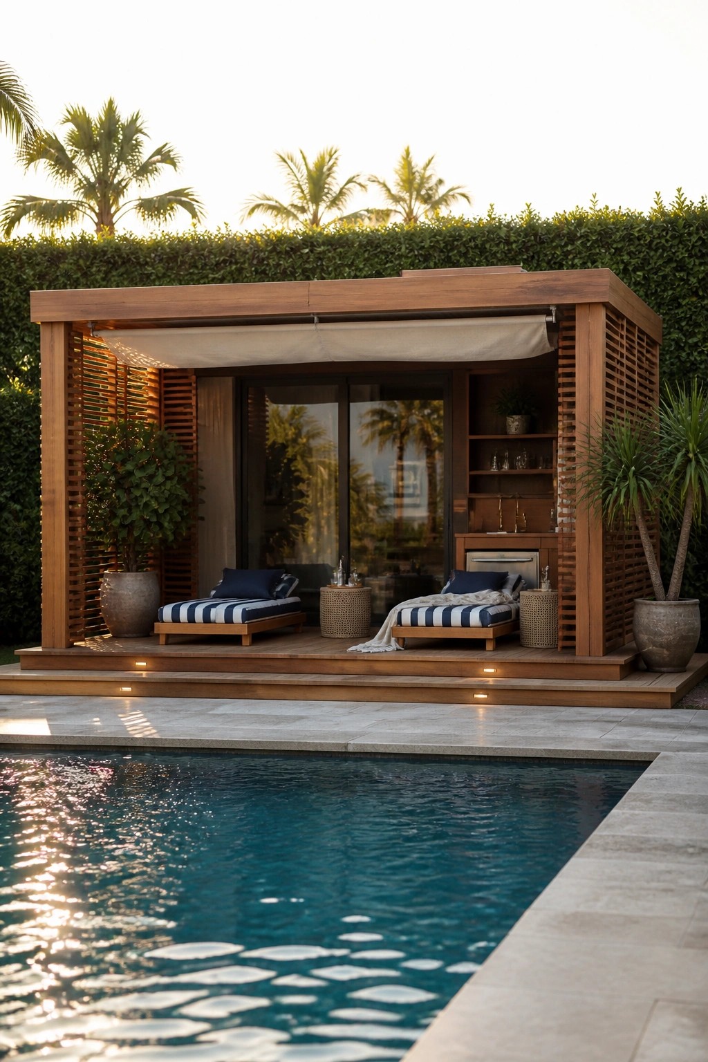 A wooden pool cabana with two striped lounge chairs, open shelving, and a retractable awning sits beside a swimming pool surrounded by hedges and palm trees.