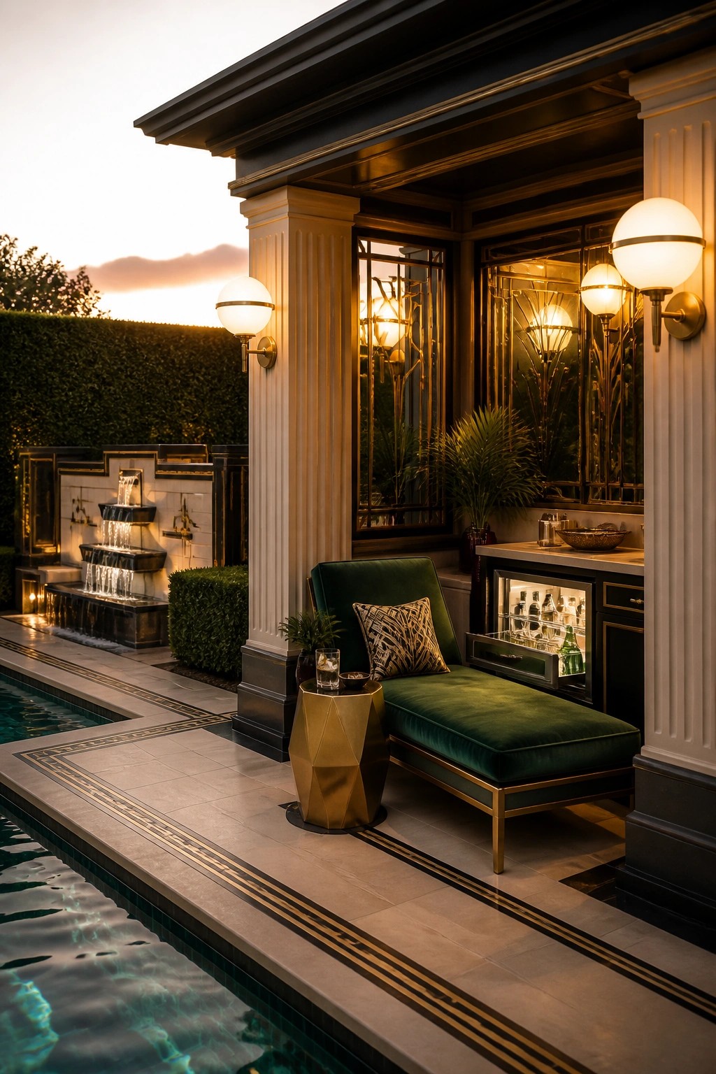 An outdoor pool cabana with a green velvet chaise lounge beside a bar cabinet displaying glassware and bottles, set next to a swimming pool with wall sconces.