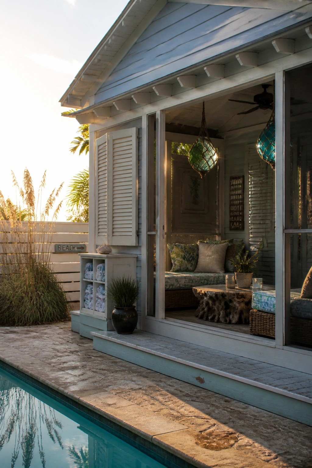 White beach cabana with cushions, lanterns, and towels beside pool at sunset