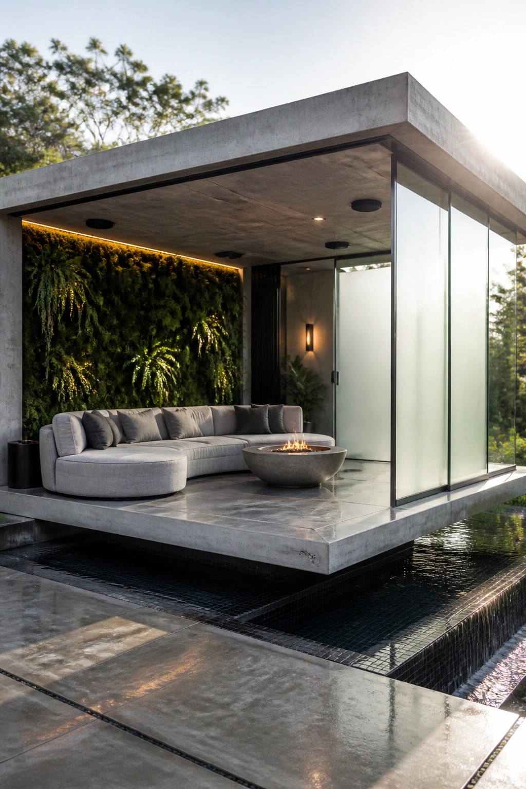 A modern concrete pool cabana with a gray sectional sofa, round fire pit, and full vertical garden wall on one side, positioned above a pool with glass doors open.
