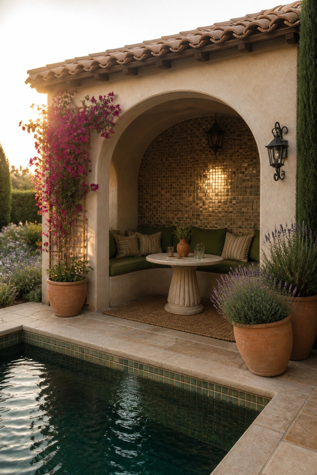 An outdoor arched seating nook with green cushions, a round stone table, and mosaic tile wall next to a swimming pool with terracotta pots and climbing flowers.