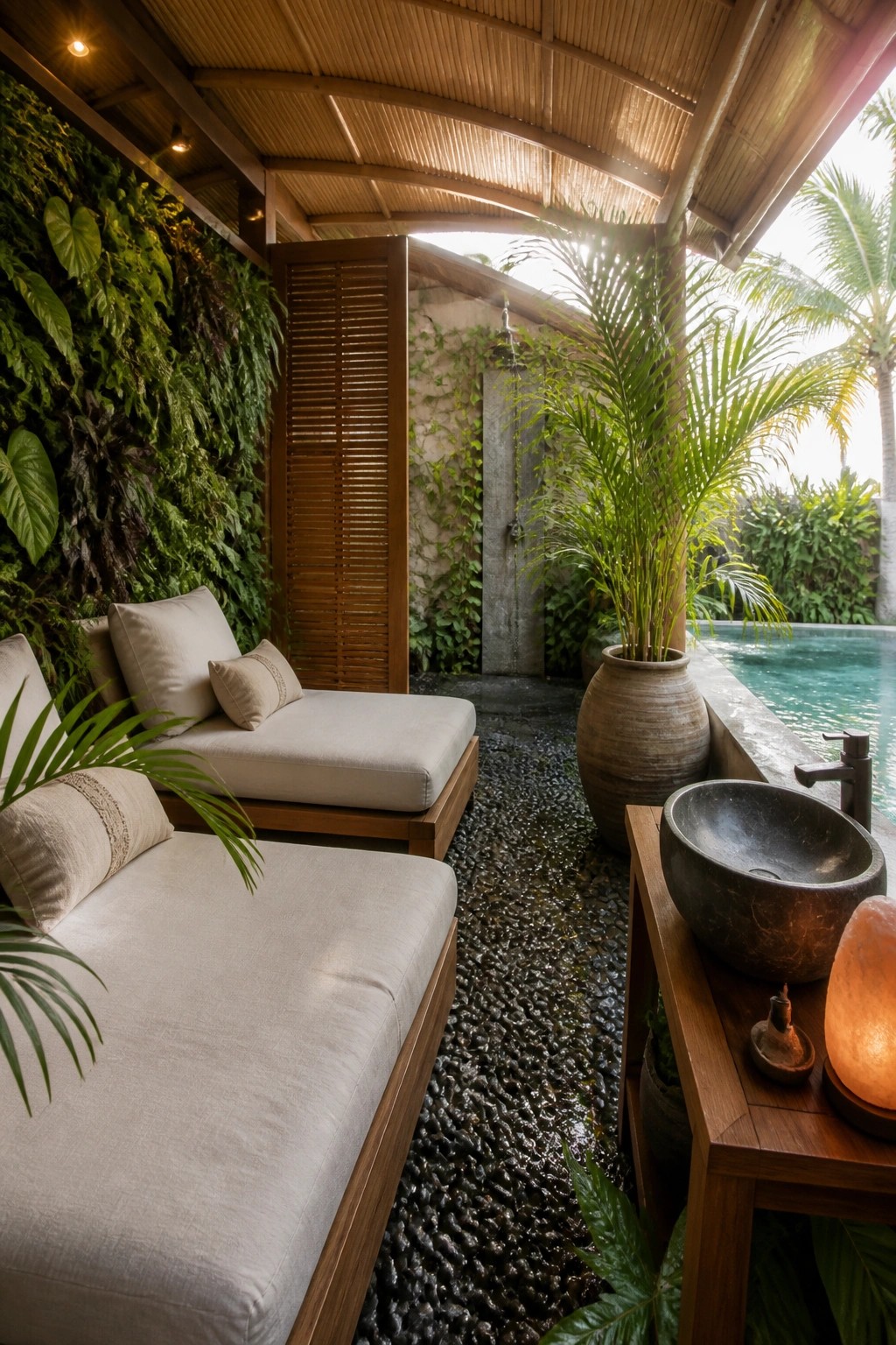 An outdoor pool cabana with two lounge chairs, a vertical garden wall on the left, a wooden screen, an outdoor shower, and a sink area beside the pool.