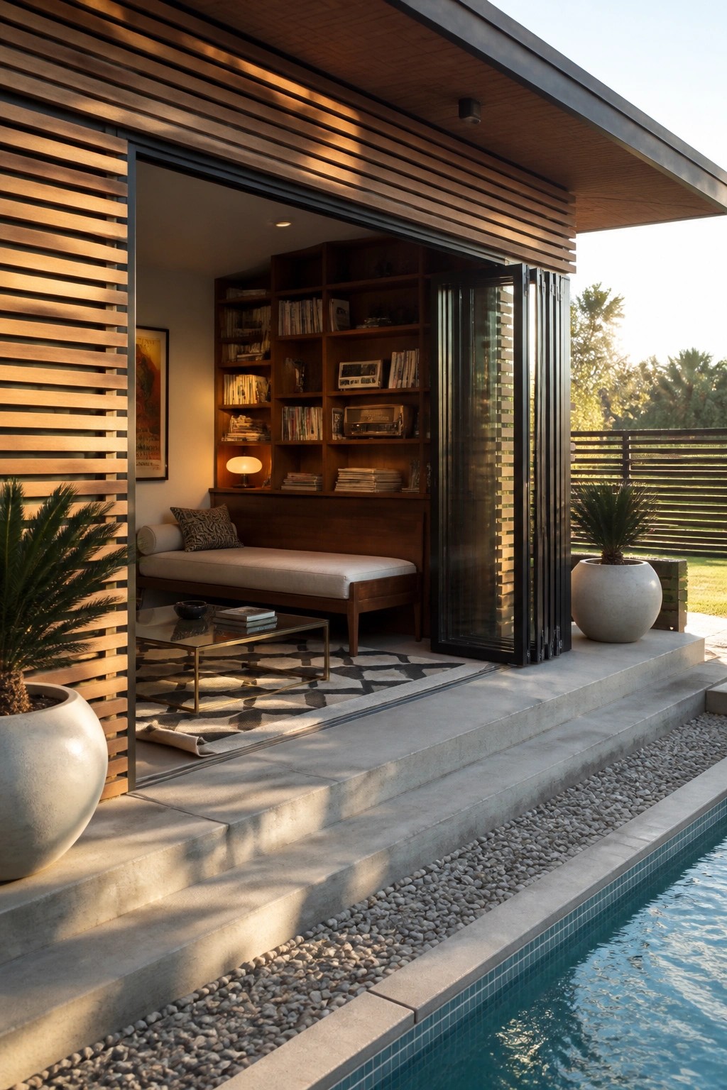 A pool cabana with wooden built-in bookshelves, a daybed, and black folding glass doors open to concrete steps beside a swimming pool.