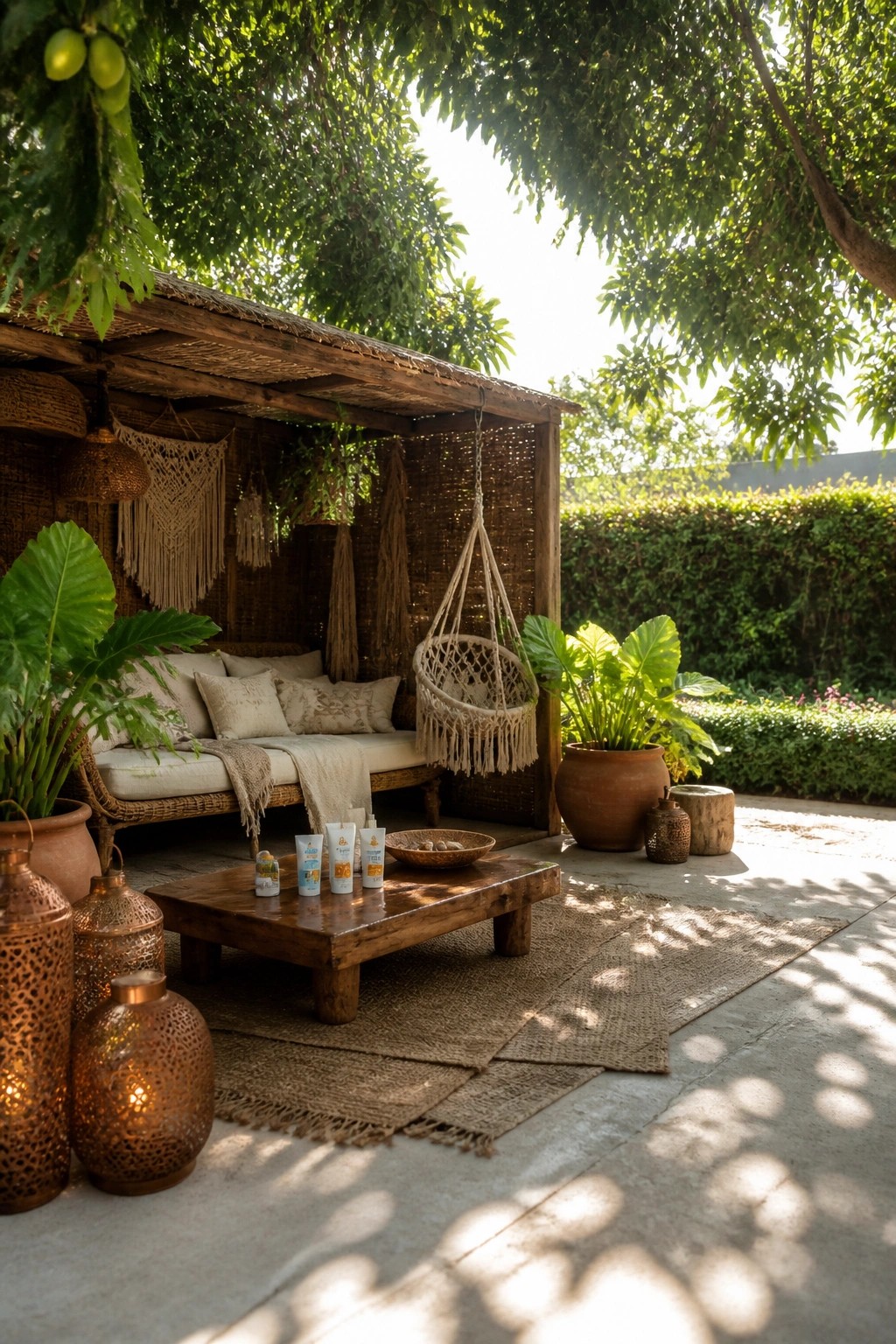 A wooden cabana with a thatched roof holds a cushioned bench, macrame hanging chair, wooden coffee table, and lanterns on layered rugs in a sunny garden setting.
