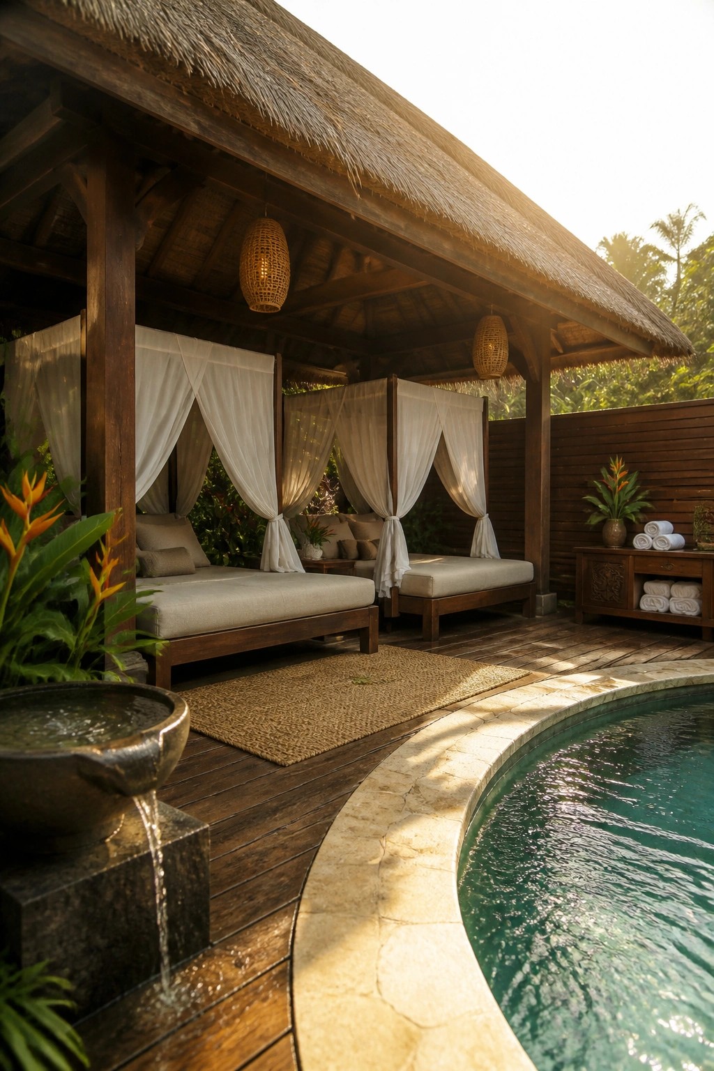 Two wooden daybeds with white sheer curtains sit under a thatched roof pavilion beside a swimming pool on a wooden deck.