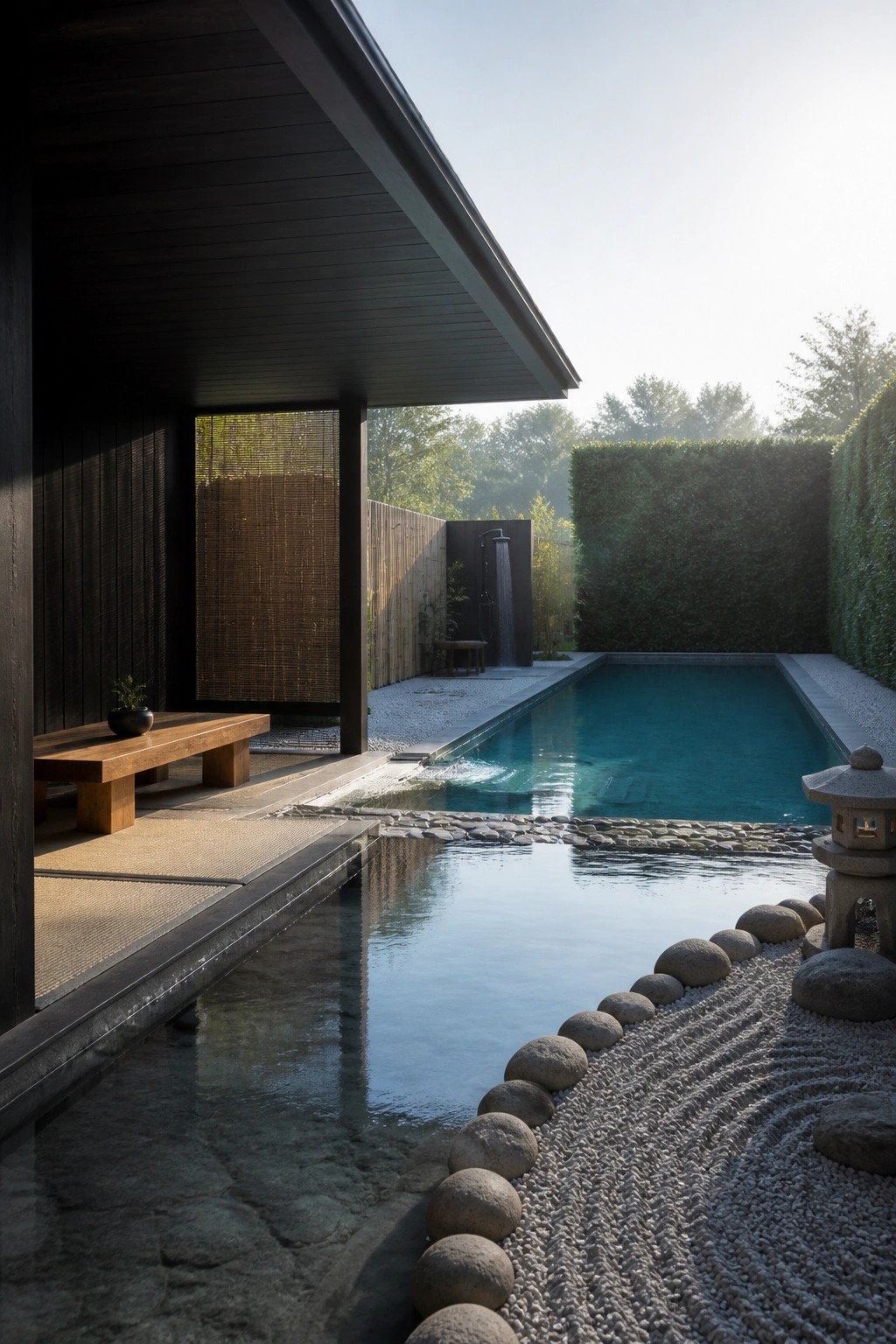 A modern dark wood pool cabana with a wide overhang next to a rectangular swimming pool, showing a wooden bench under the cover and gravel landscaping with raked stones along the water.