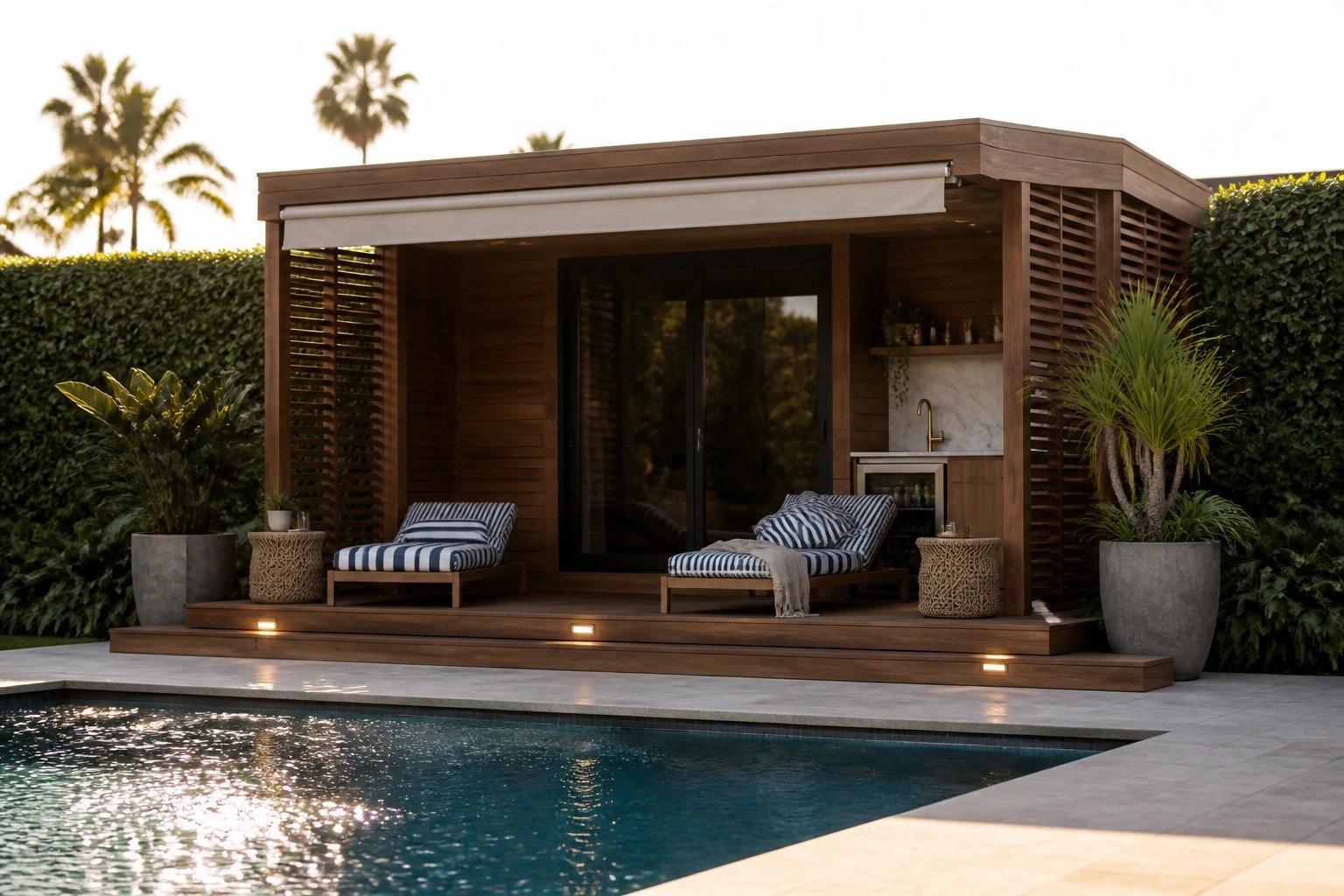 A wooden pool cabana with two striped lounge chairs, open shelving, and a retractable awning sits beside a swimming pool surrounded by hedges and palm trees.